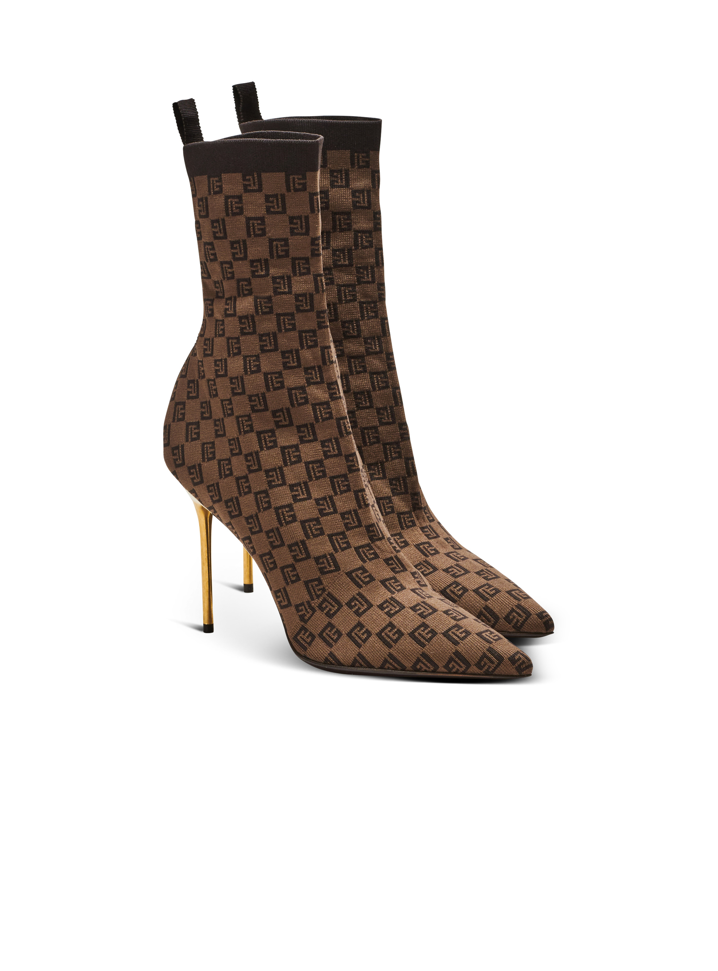 Balmain Brune Mini Monogram Ankle Boots - Brown