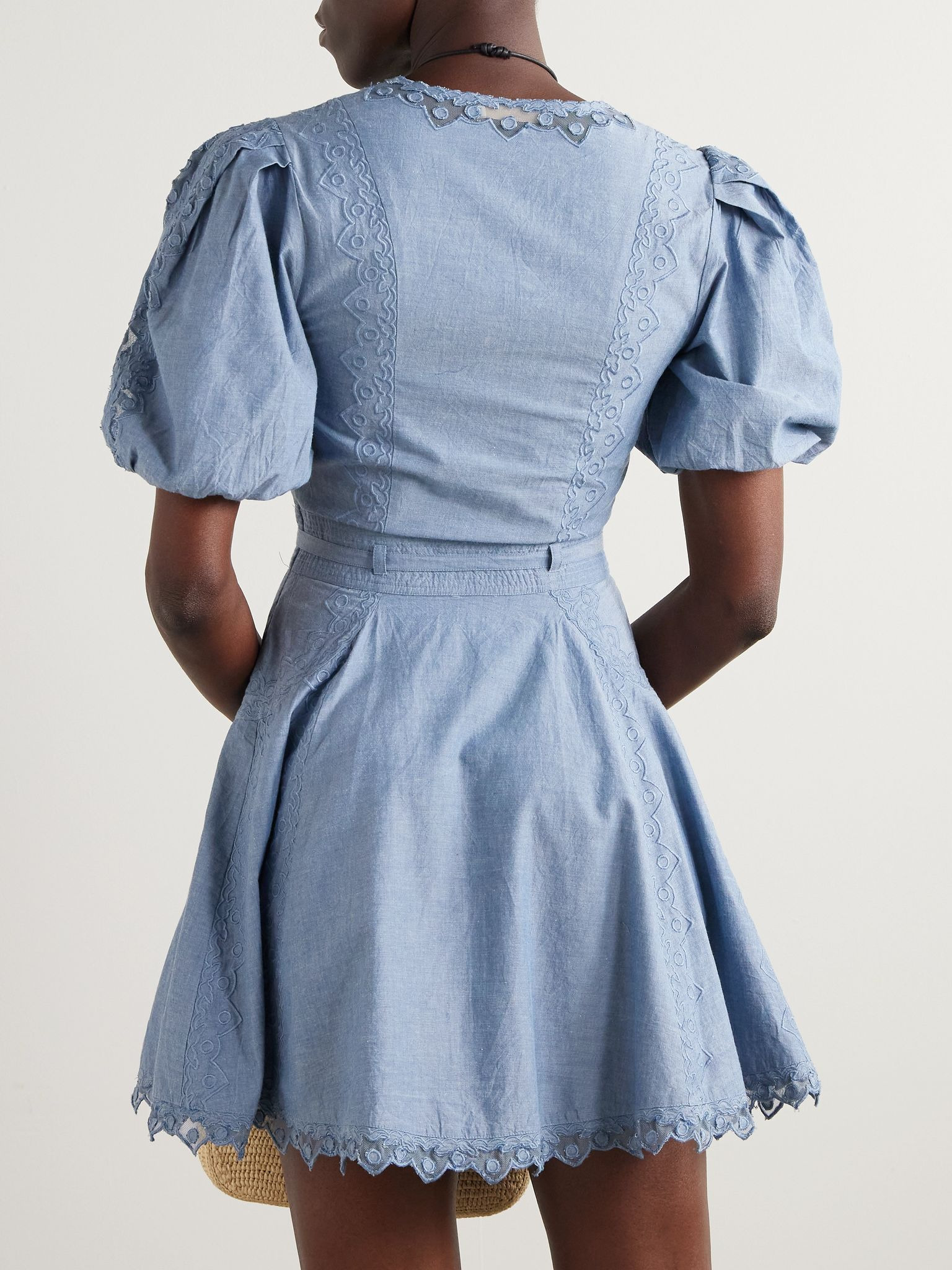 Camilla belted embroidered tulle-trimmed cotton-chambray mini dress Blue - 3