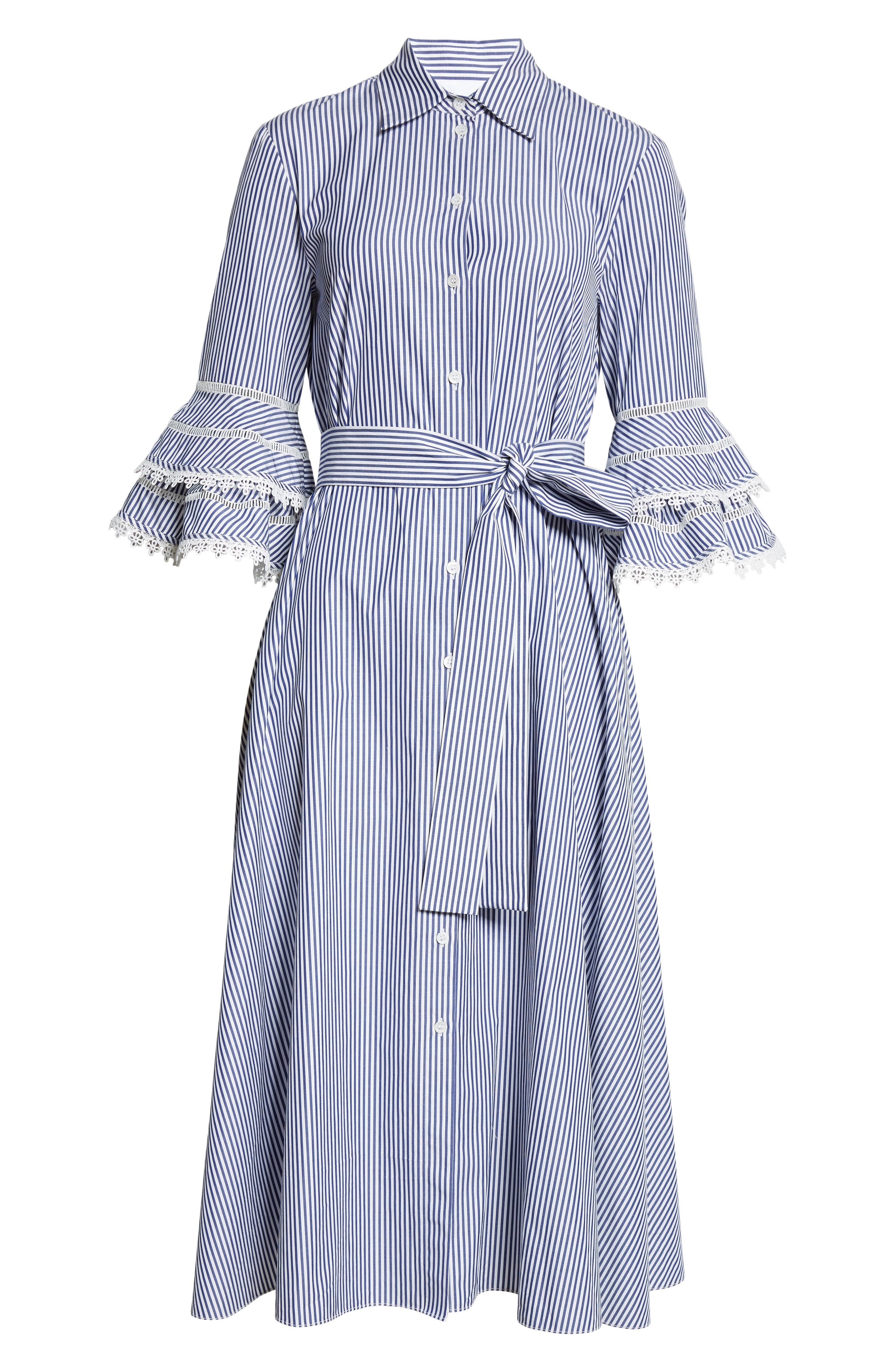 Carolina Herrera Stripe Tiered Ruffle Sleeve Belted Poplin Shirtdress in White/Blue at Nordstrom - 5