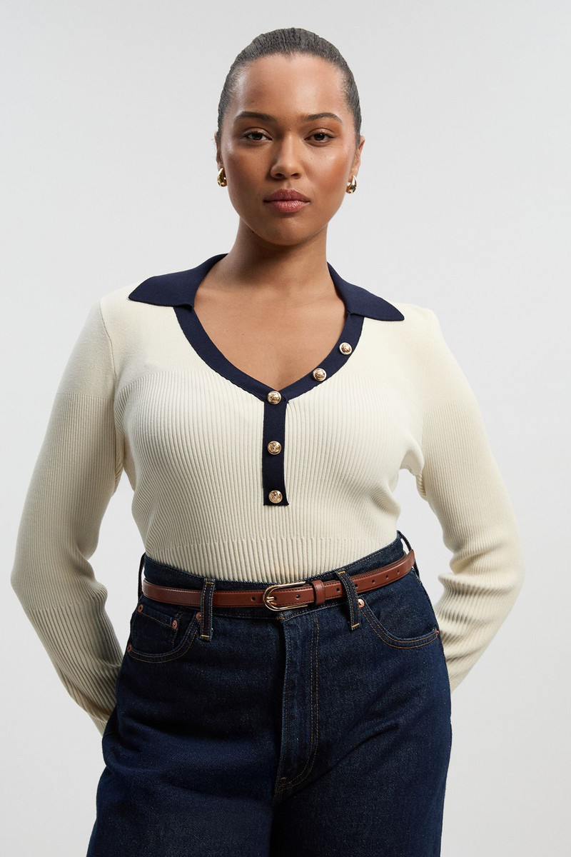 Plus Size Knit Rib With Contrast Hem Detail Collared Top 1