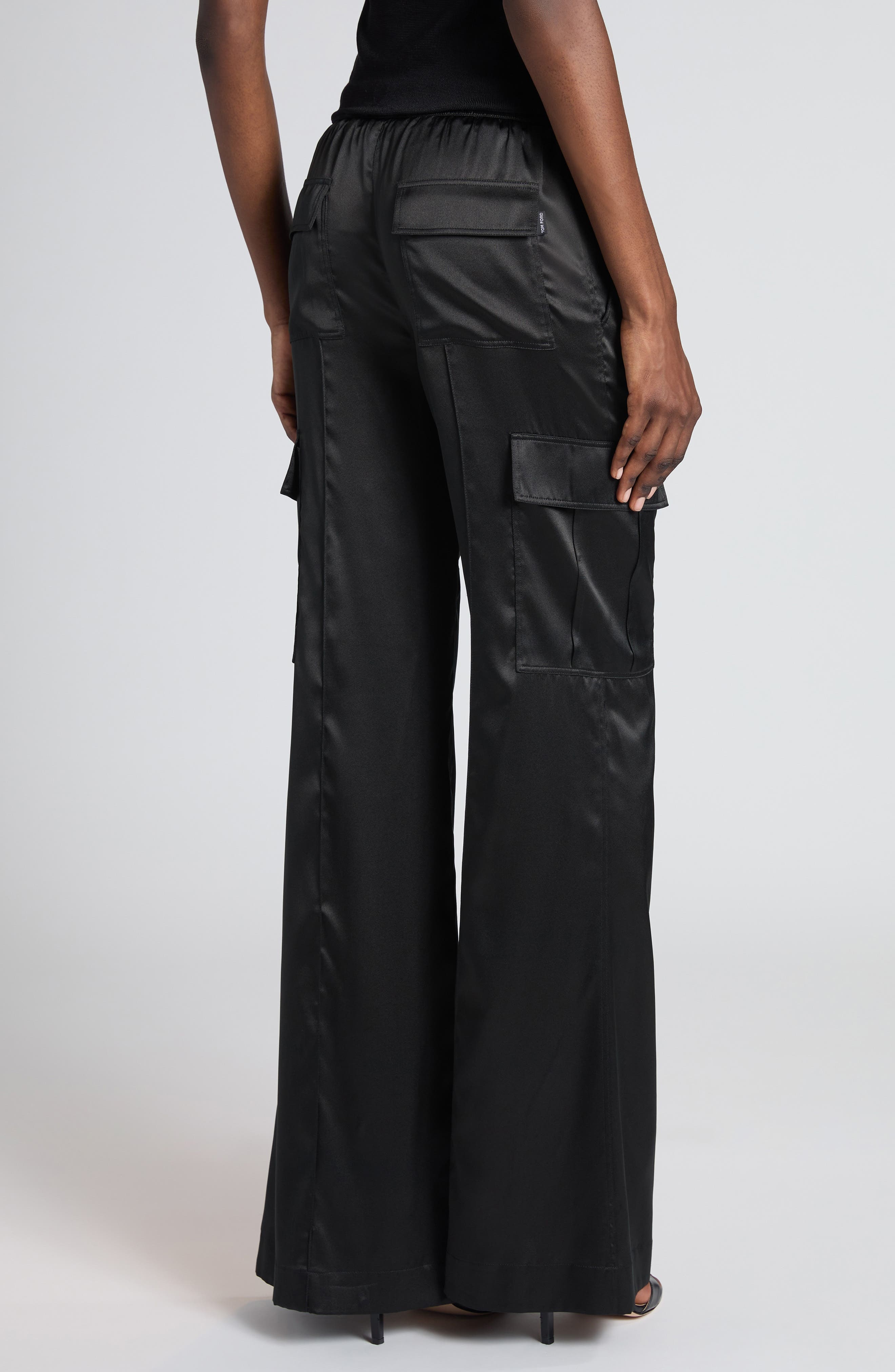TOM FORD Stretch Silk Satin Flare Leg Cargo Pajama Pants in Black at Nordstrom - 3