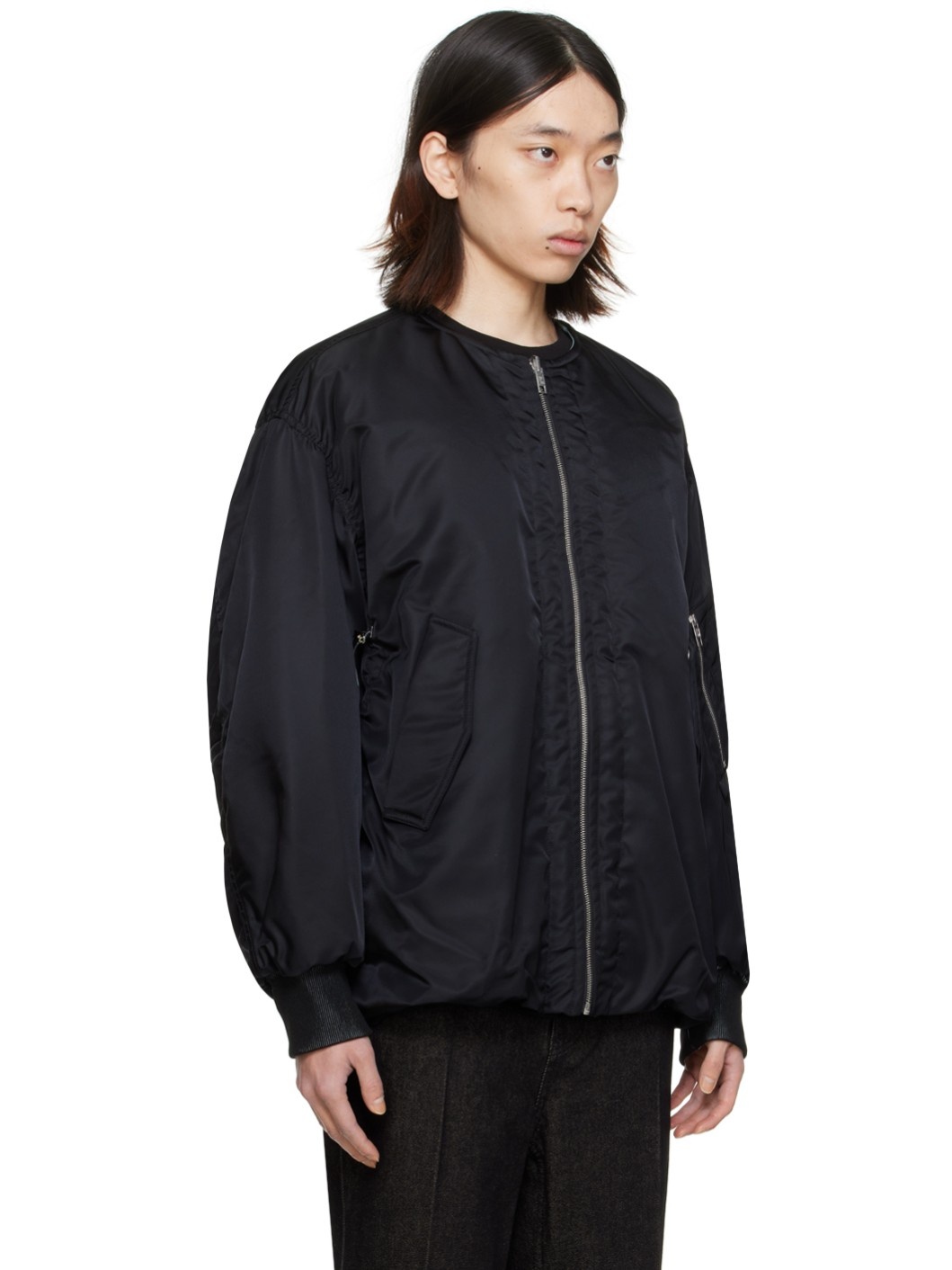 Black Bungee Drawstring Reversible Bomber Jacket - 2