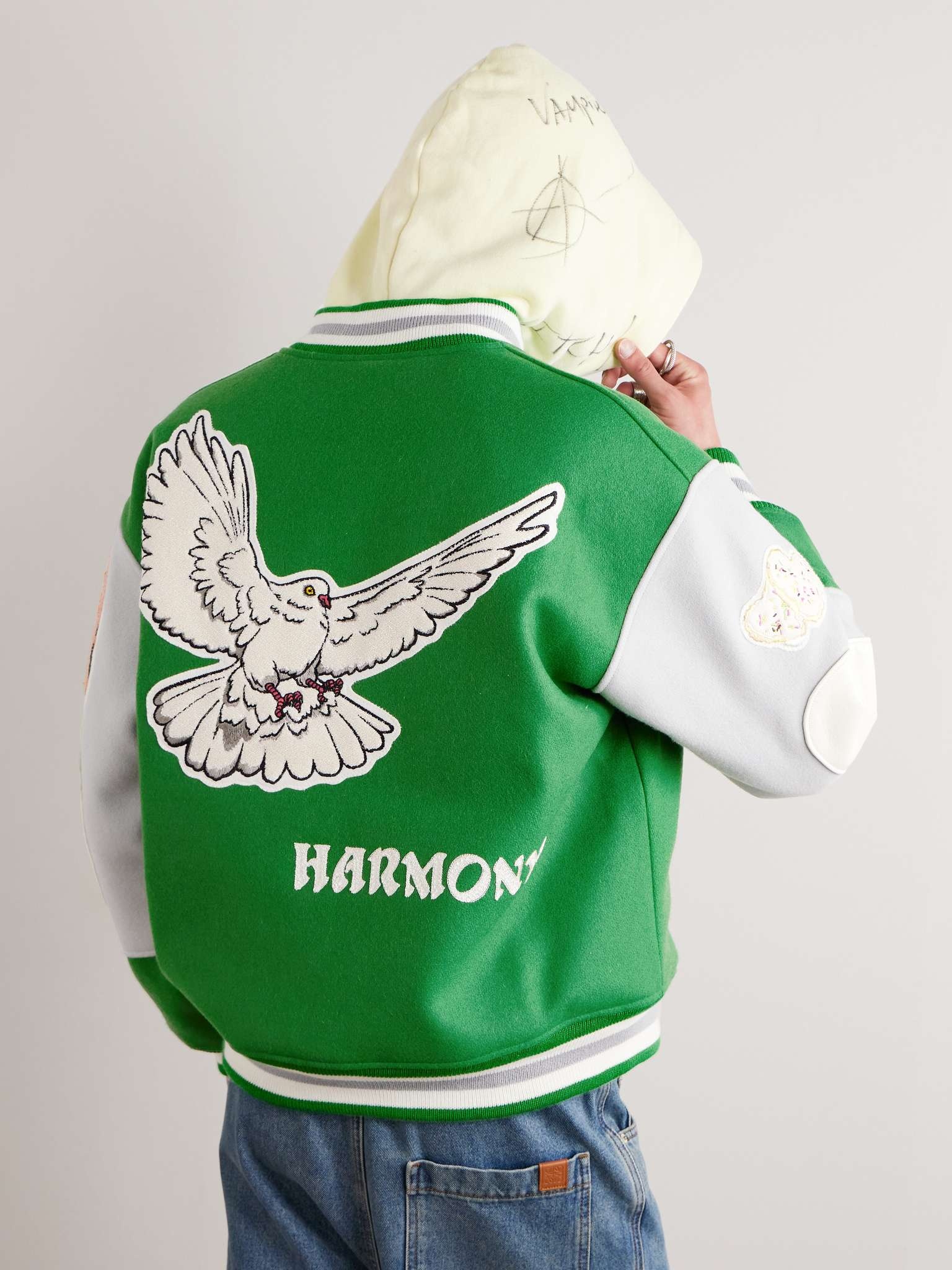 Logo-Embroidered Wool-Blend and Leather Varsity Jacket - 4