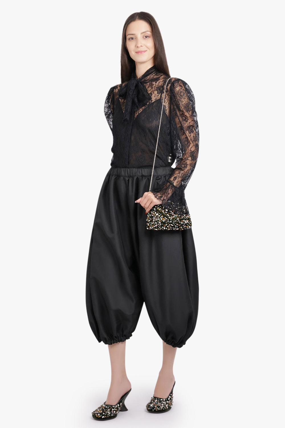 ELASTIC GATHERED WAIST BALLOON PANT WITH CUFF | BLACK - 2