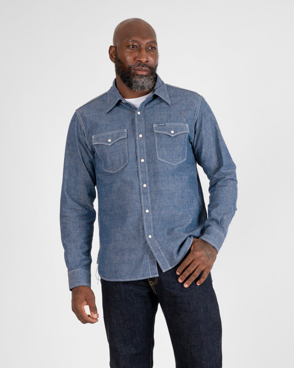 IHSH-13-BLU 10oz Selvedge Chambray Single Yoke Western Shirt - Blue - 2