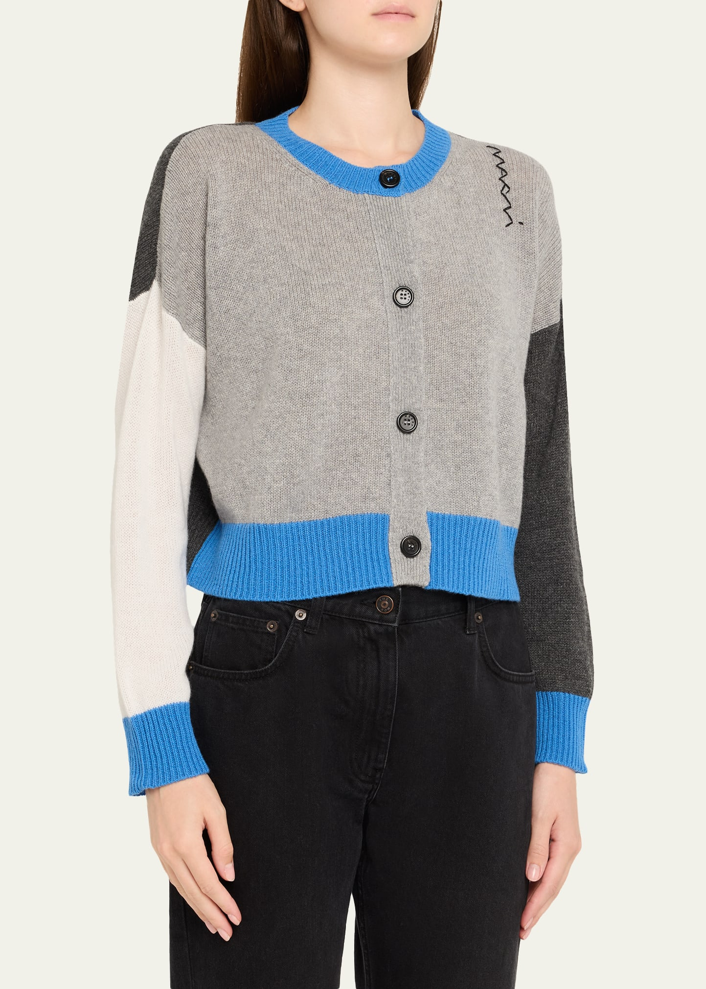 Colorblock Cashmere Crewneck Cardigan - 4