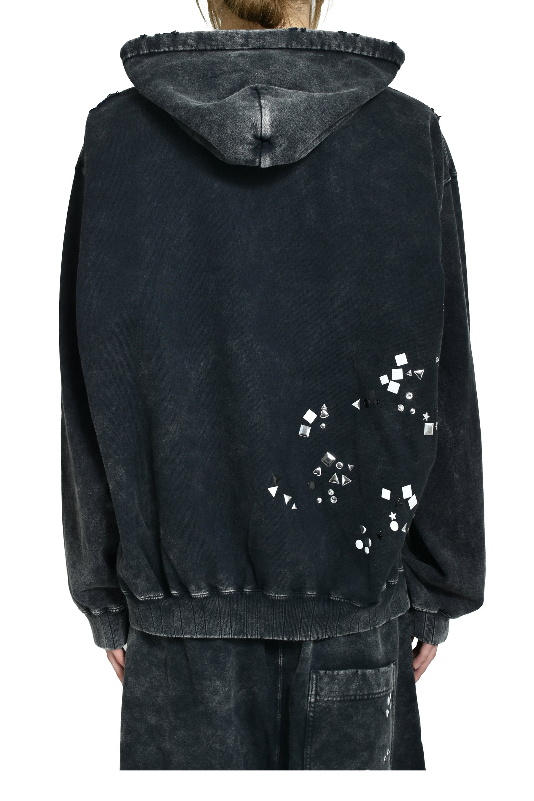 EMBELLISHED BLEACHED HOODIE / BLK - 2