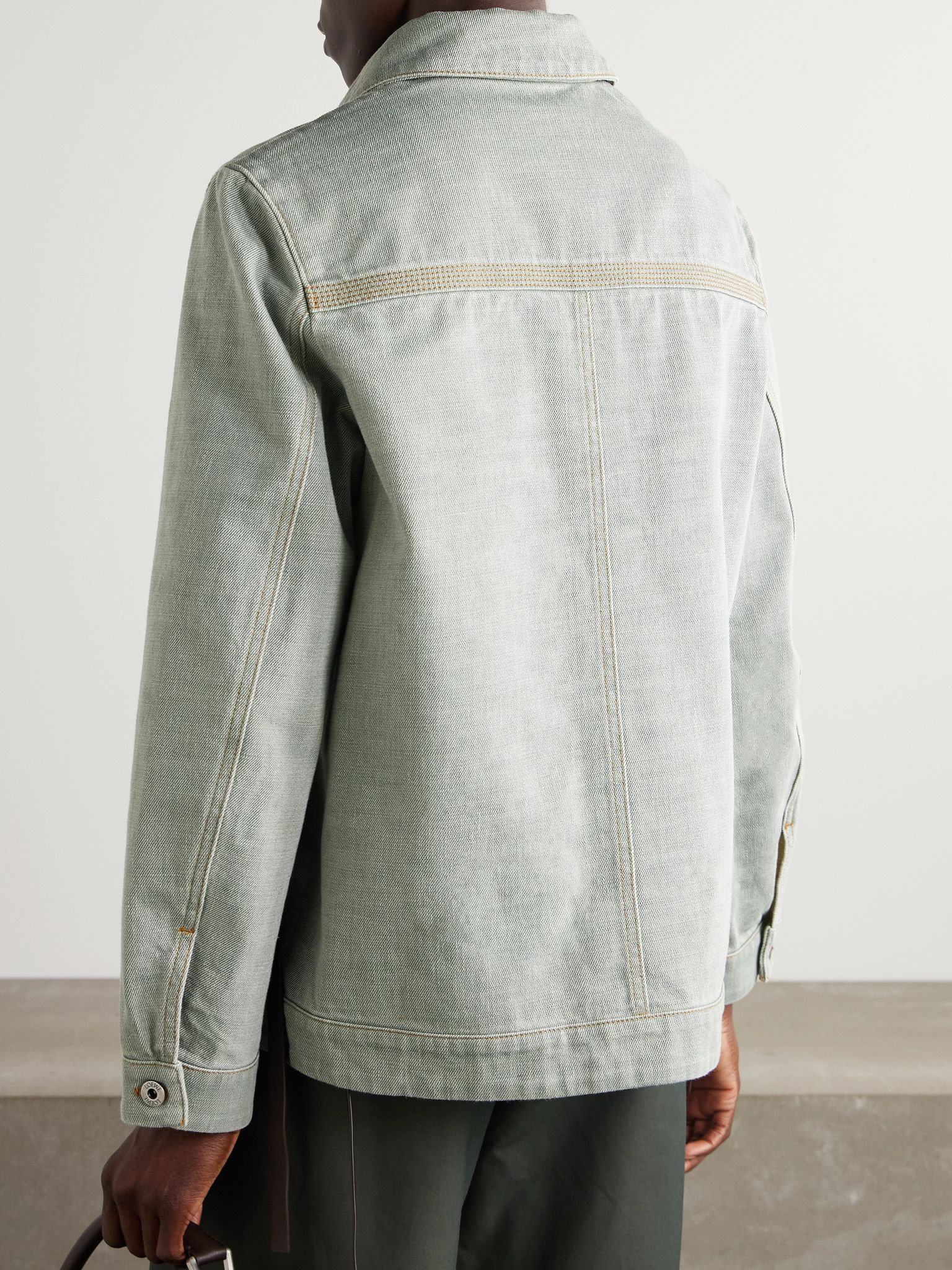 Leather-trimmed denim jacket Green - 4