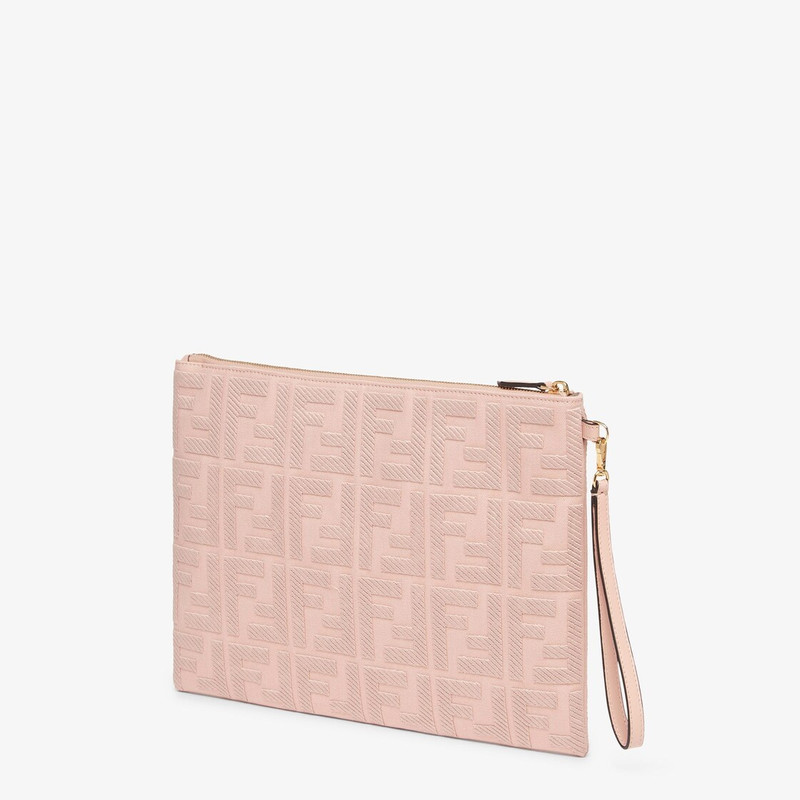 FENDI Large pouch with removable bracelet handle. Zipper closure. Made of pink canvas with FF embroidery.  outlook
