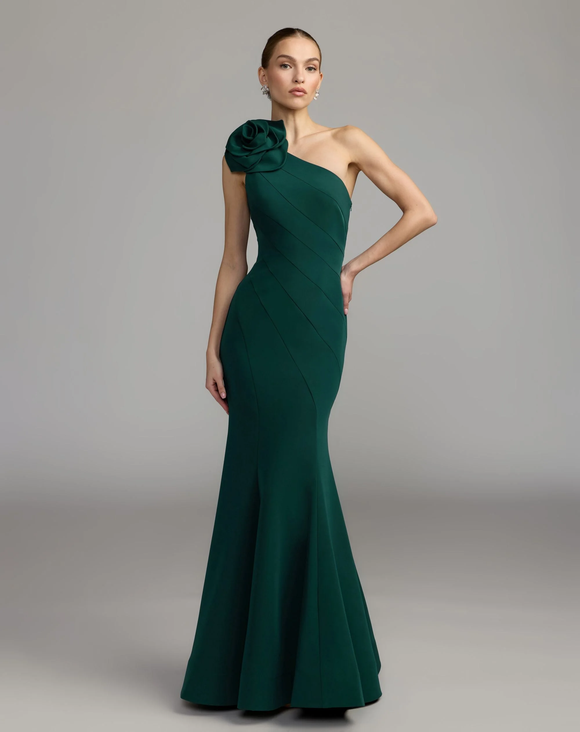 Emerald One Shoulder Mermaid Gown With 3D Flower - 1