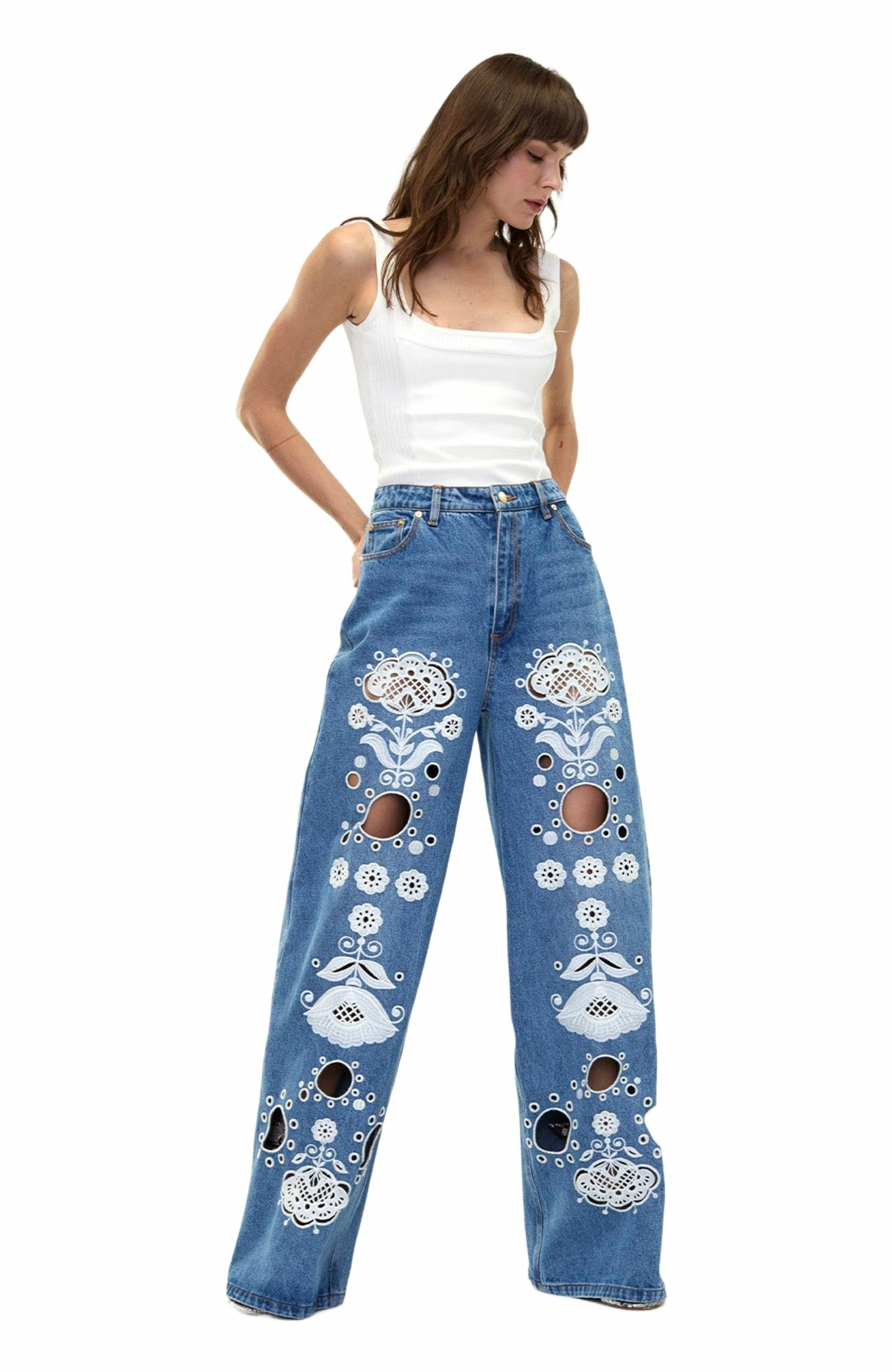 Cynthia Rowley Embroidered Wide-leg Jean in Blue/white at Nordstrom - 2