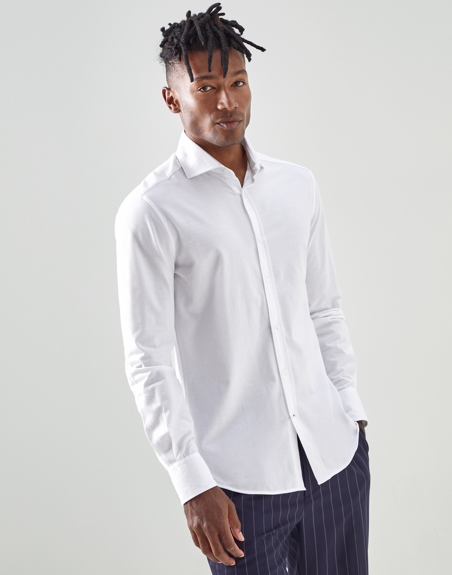Cotton piqué slim fit shirt with spread collar - 1