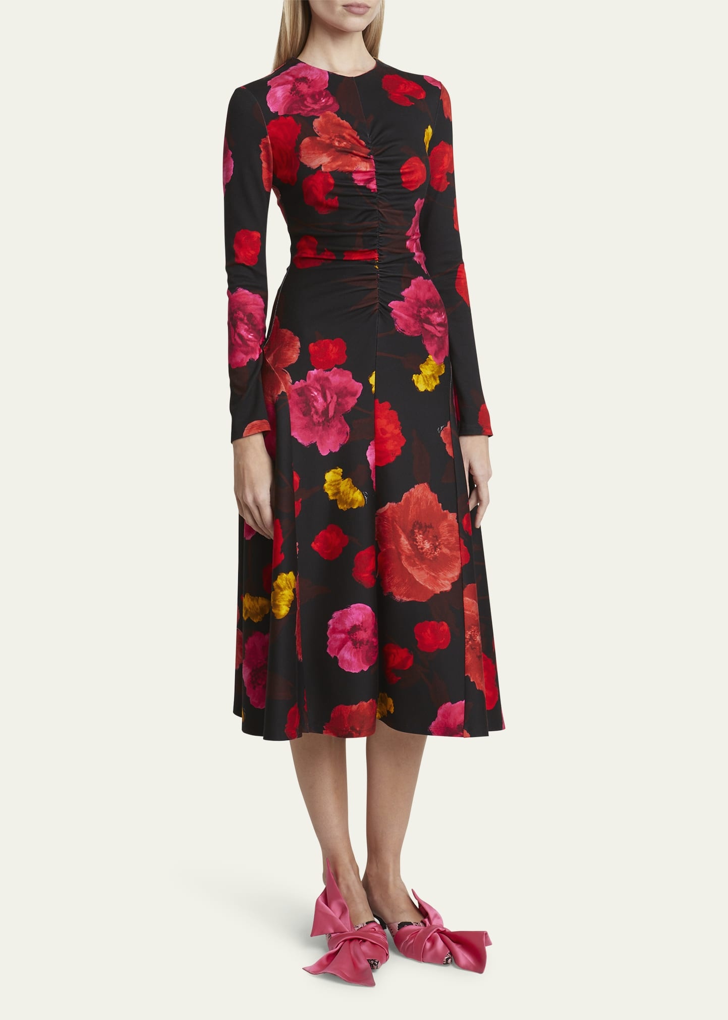 Ruched Floral Long-Sleeve Midi Dress - 4