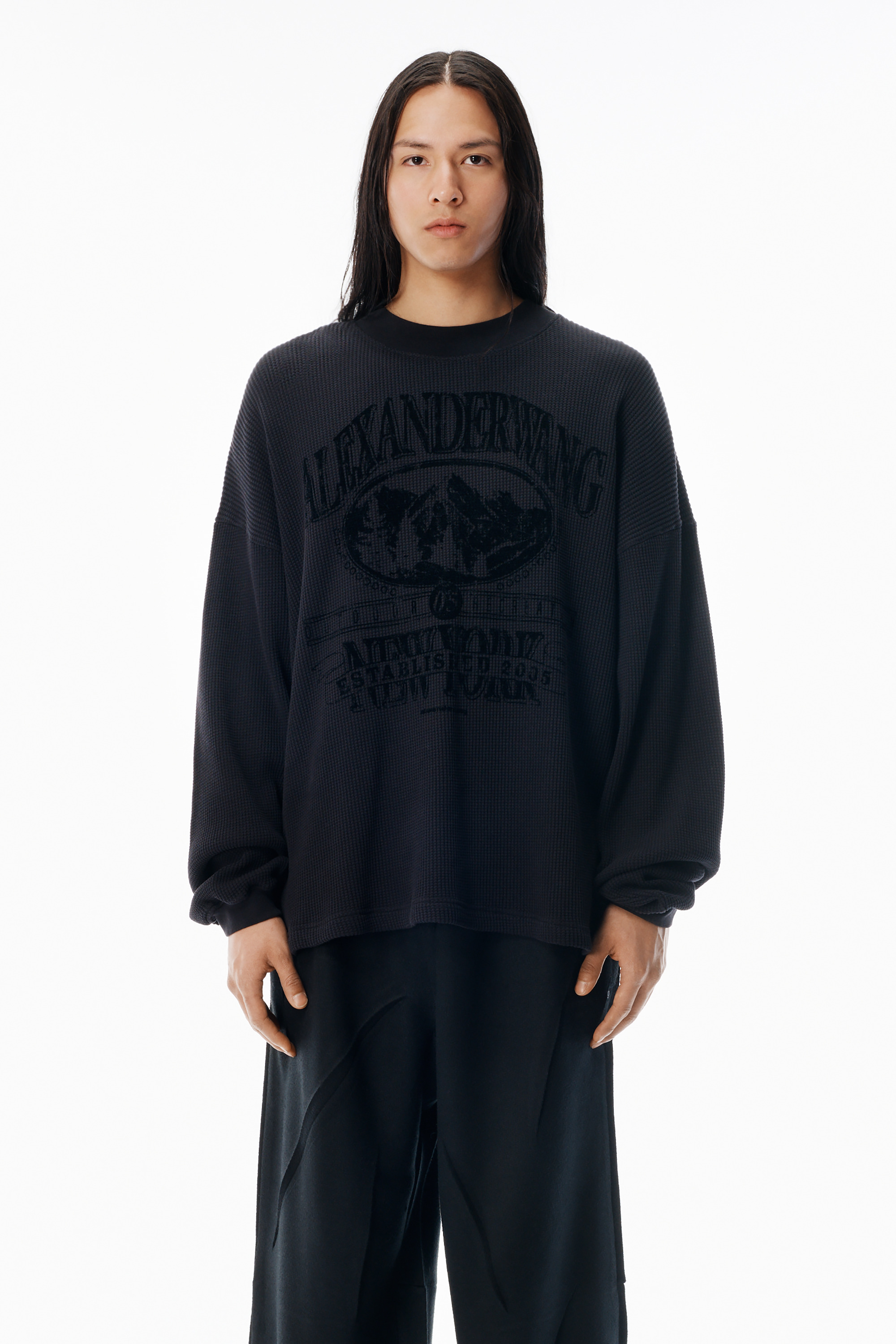 Washed Black Waffle Jersey Long Sleeve Tee - 2