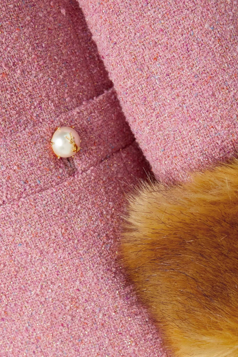 Button-embellished 가짜 모피 트리밍 금속 bouclé tweed blazer 4