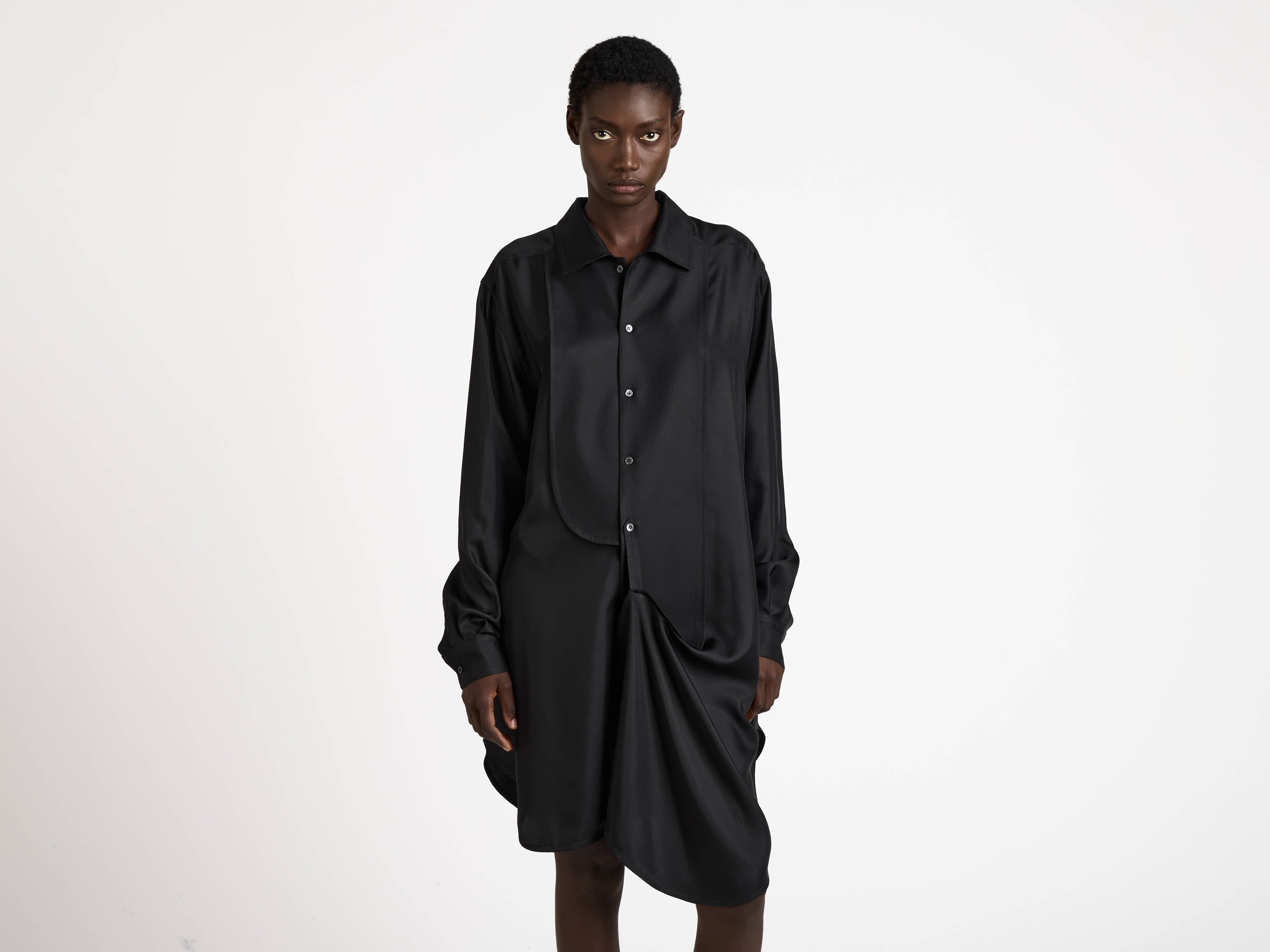 WOMENS TUXEDO DRAPE SILK DRESS IN BLACK - 7