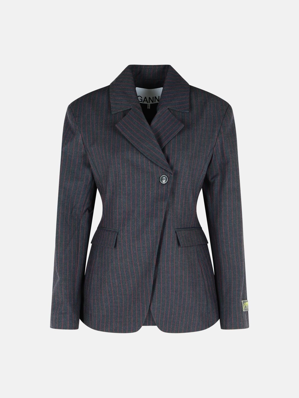 PINSTRIPED BLACK VISCOSE BLEND BLAZER - 1