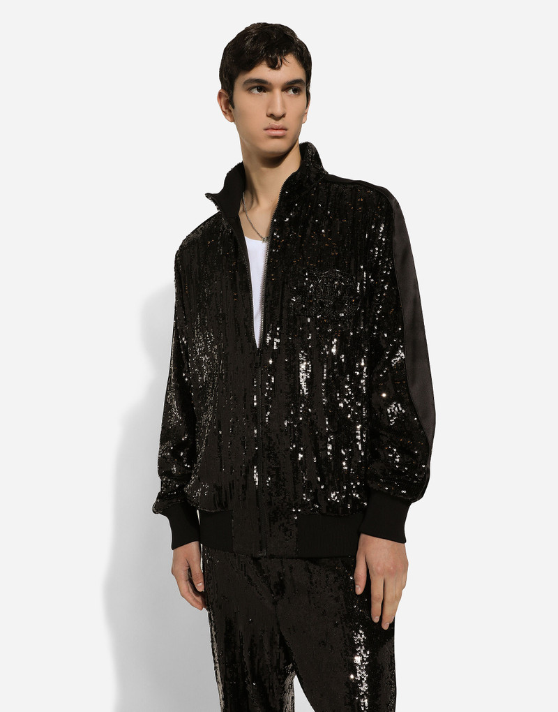 Sequined zip-up sweatshirt with rhinestone-detailed DG patch 4