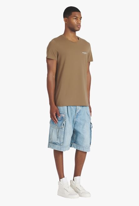 Taupe eco-designed cotton T-shirt with small flocked white Balmain Paris logo - 6
