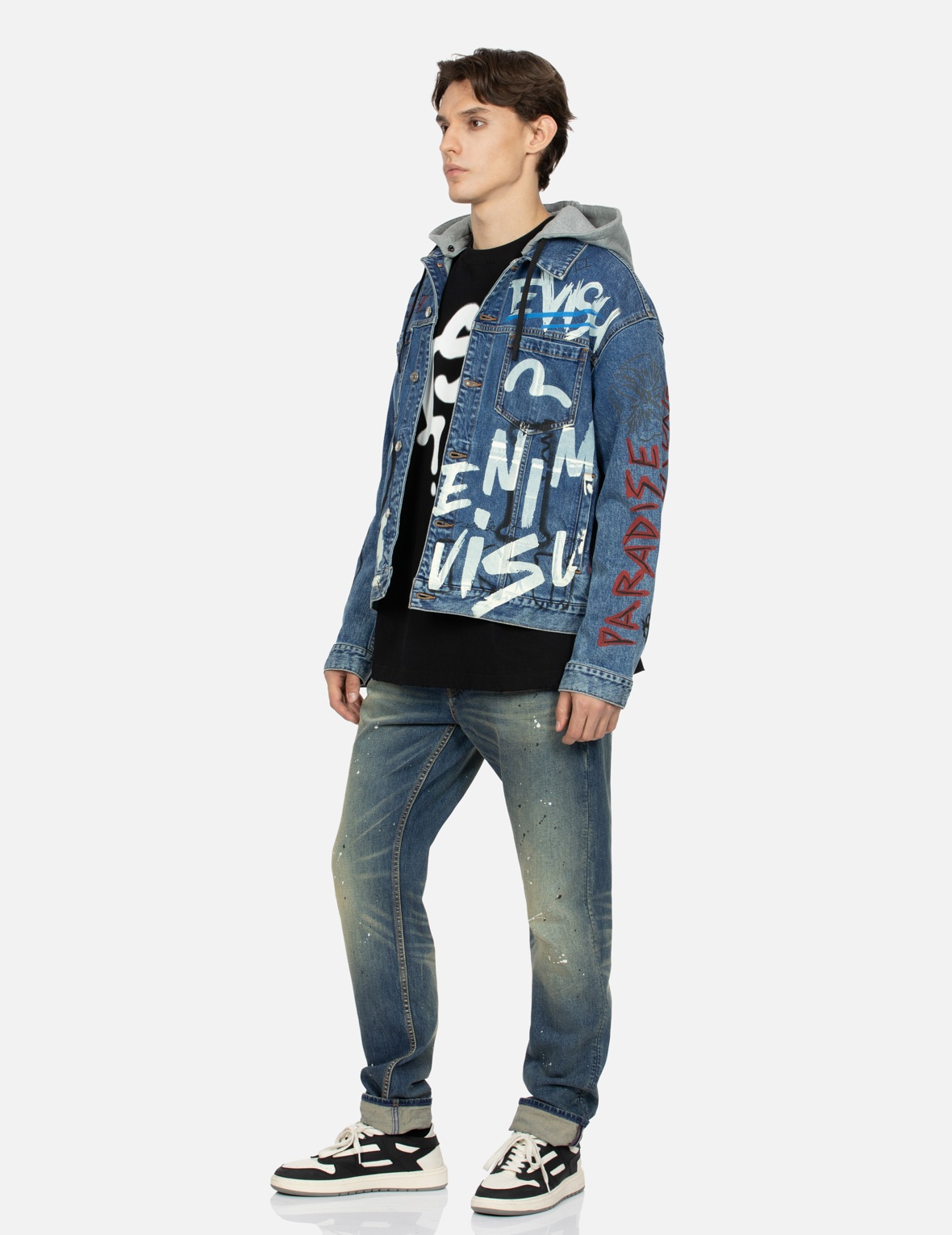 GRAFFITI PRINT LOOSE FIT HOODED DENIM JACKET - 4