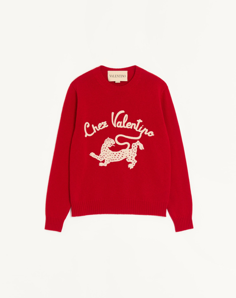 VALENTINO WOOL SWEATER WITH CHEZ VALENTINO & PANTHER EMBROIDERY 1