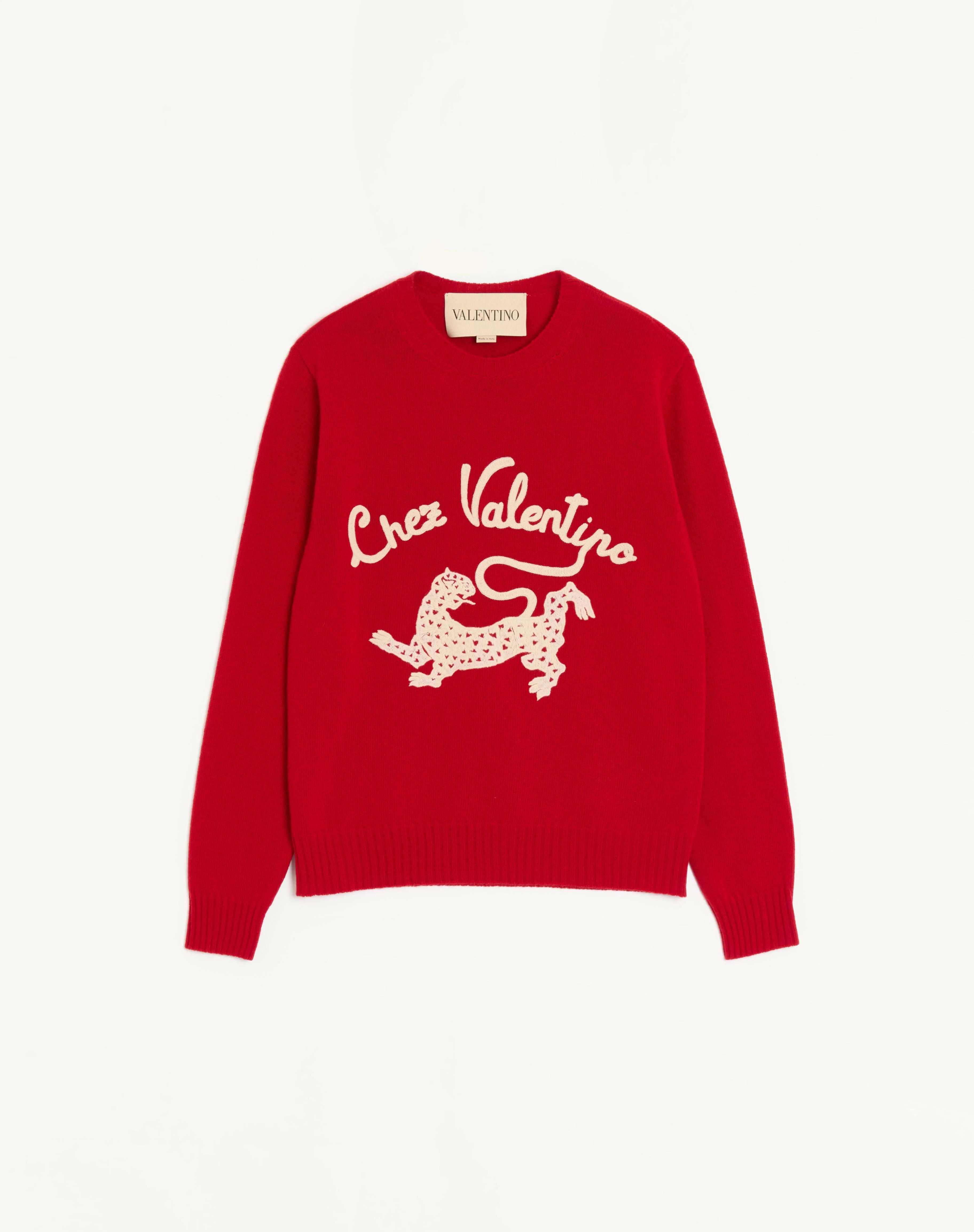 VALENTINO WOOL SWEATER WITH CHEZ VALENTINO & PANTHER EMBROIDERY - 1