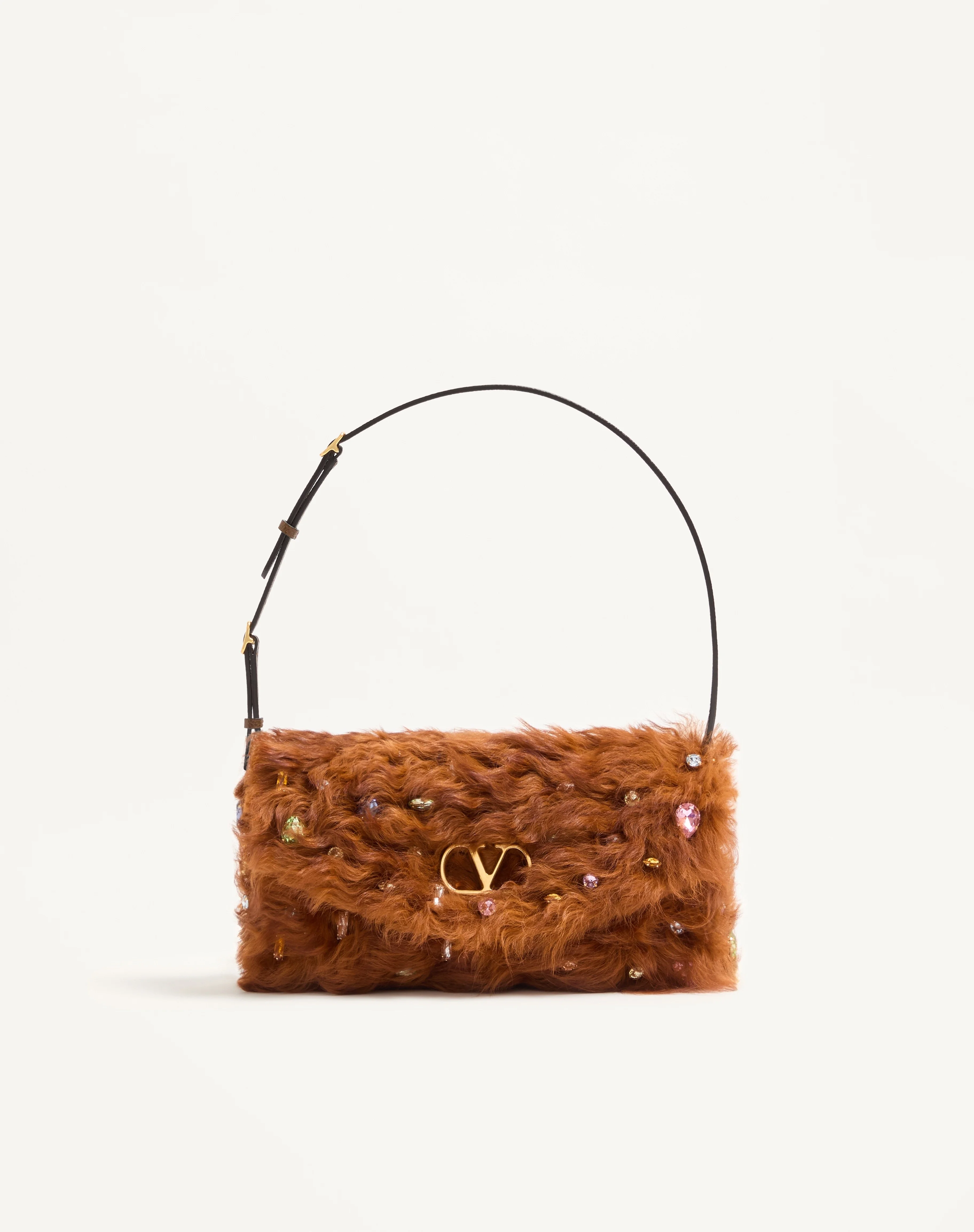 VALENTINO GARAVANI DEVAIN SMALL SHOULDER BAG IN LAMB FUR WITH RHINESTONES. - 1
