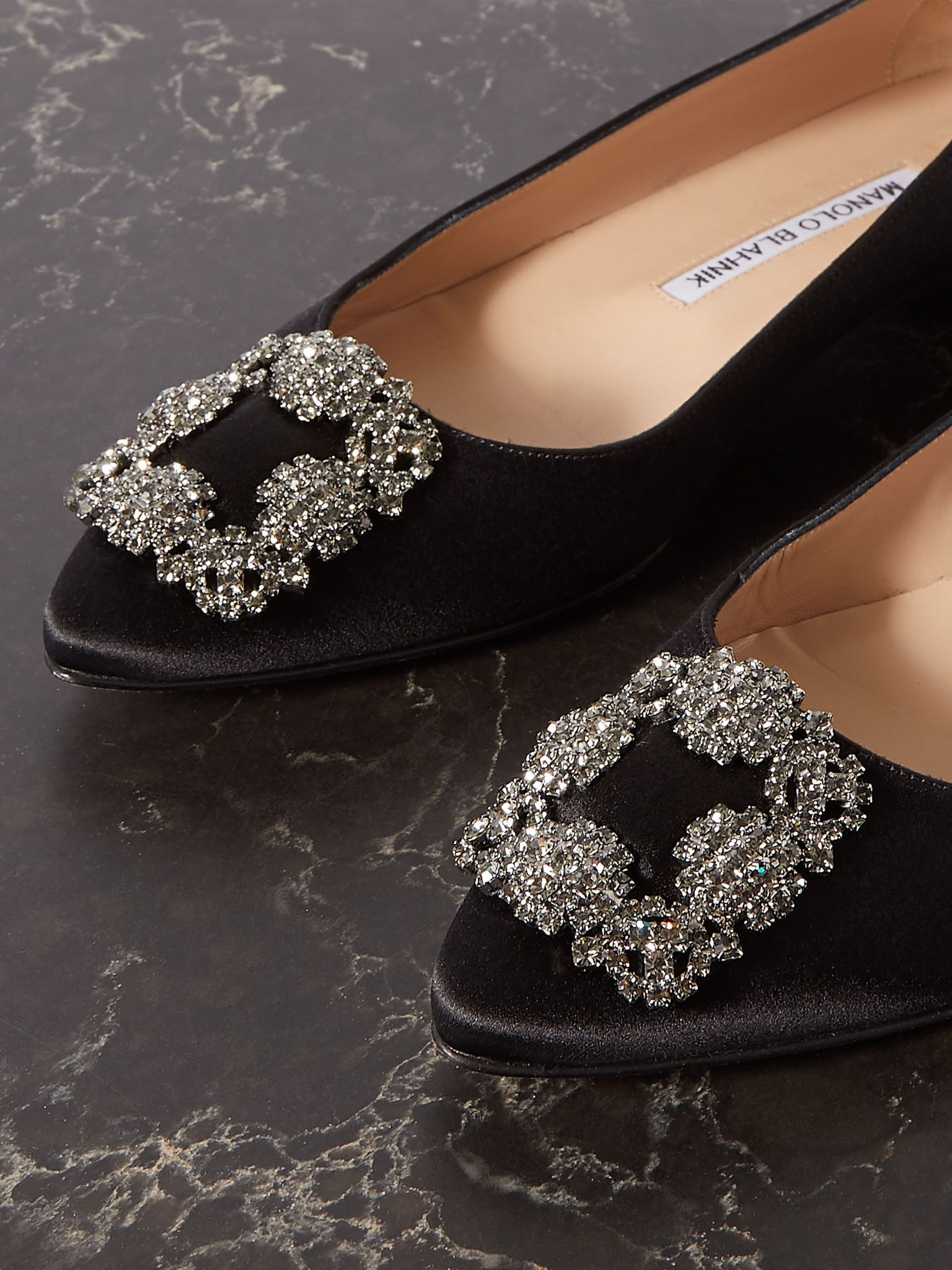 Hangisi crystal-embellished satin point-toe flats Black - 4