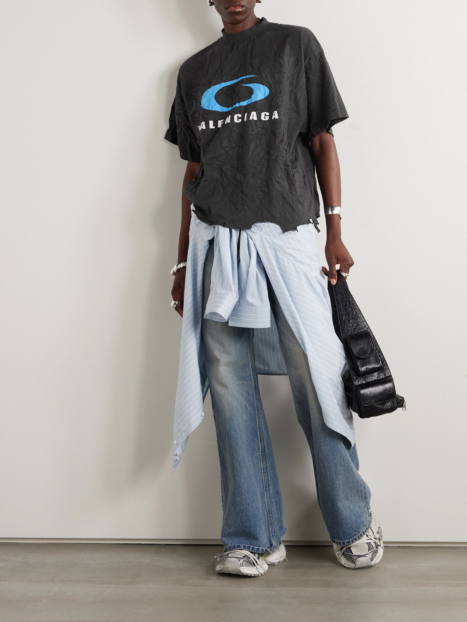 Cropped distressed printed cotton-jersey T-shirt Black - 2