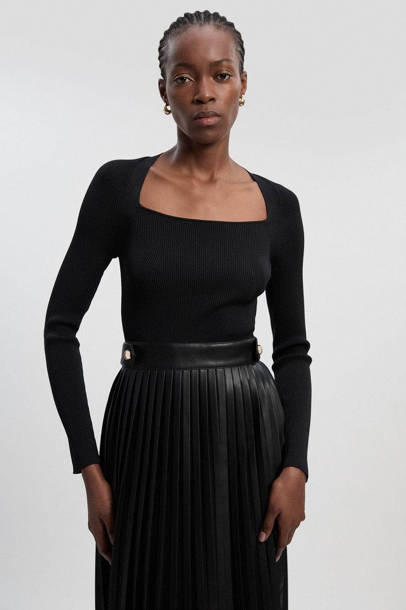 KAREN MILLEN Viscose Rib Pu Mix Tab Detail Pleated Knit Midi Dress outlook