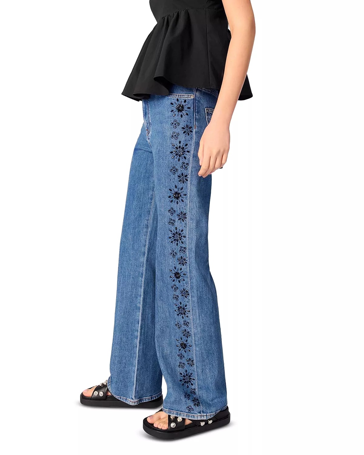 Embroidered Rhinestone High Rise Jeans in Blue - 4