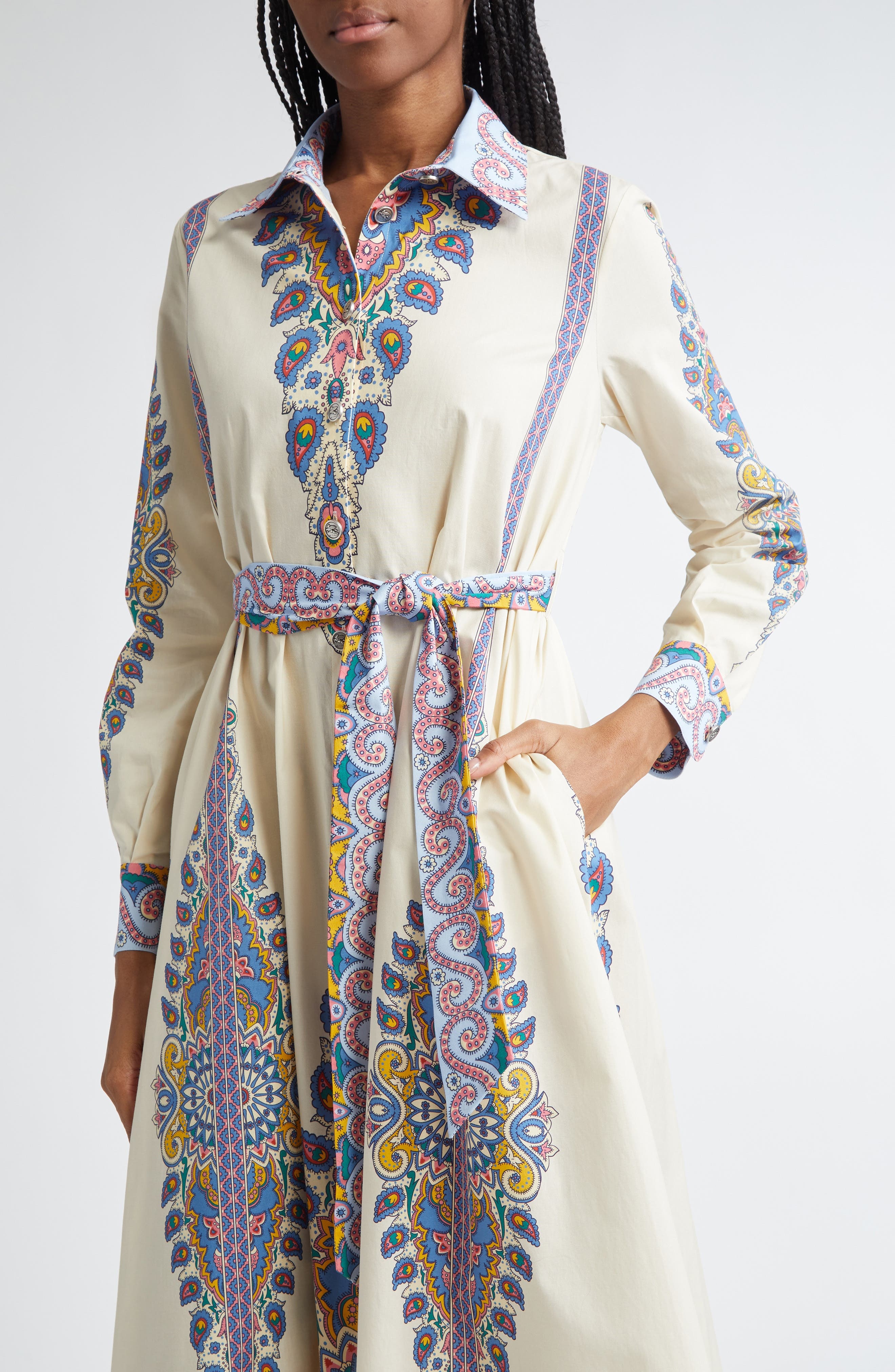 Etro Paisley Print Long Sleeve Belted Stretch Cotton Shirtdress in Stampa F.do Bianco at Nordstrom - 4