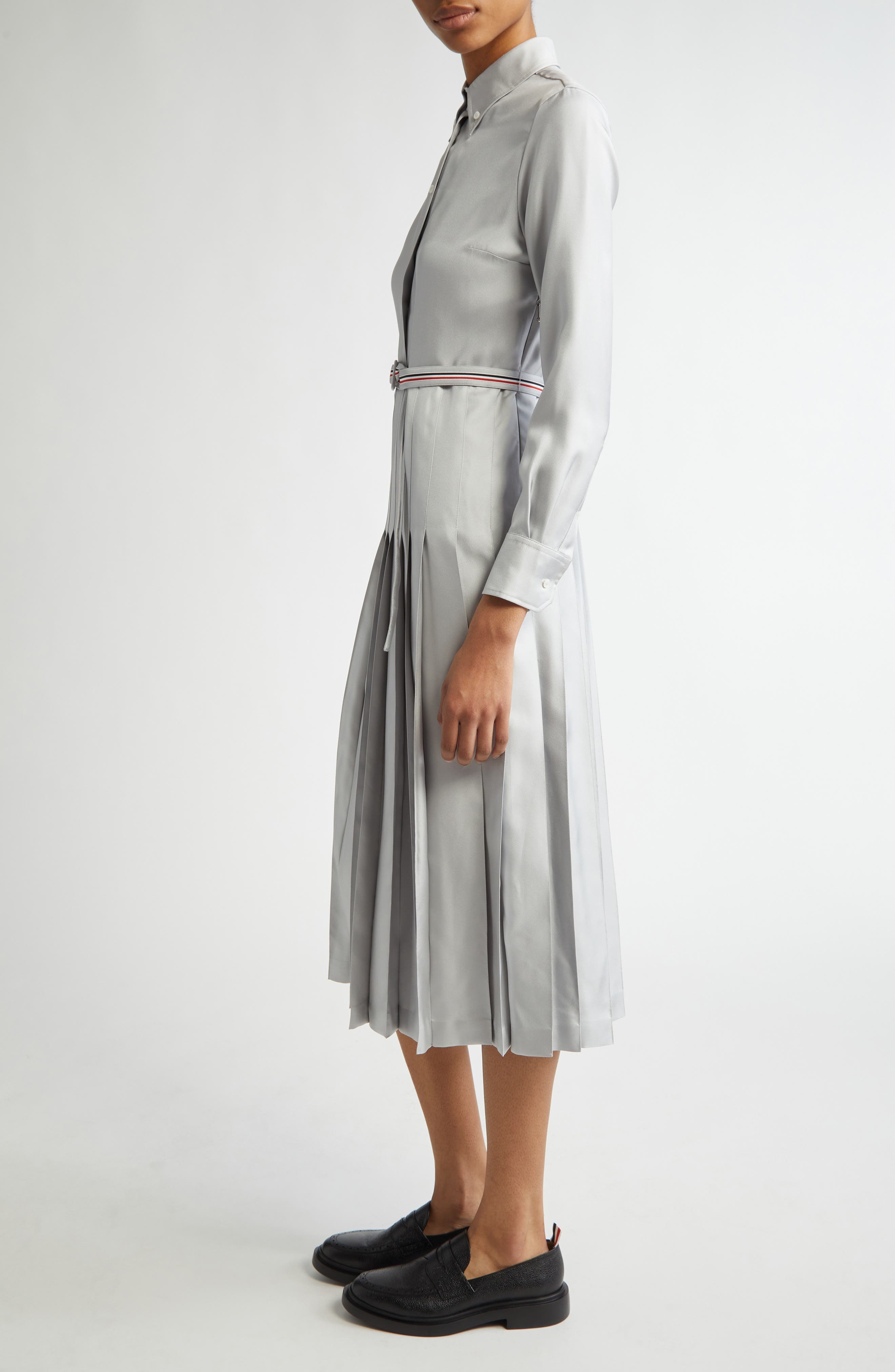 Thom Browne Long Sleeve Pleated Silk Midi Shirtdress in Light Grey at Nordstrom - 3