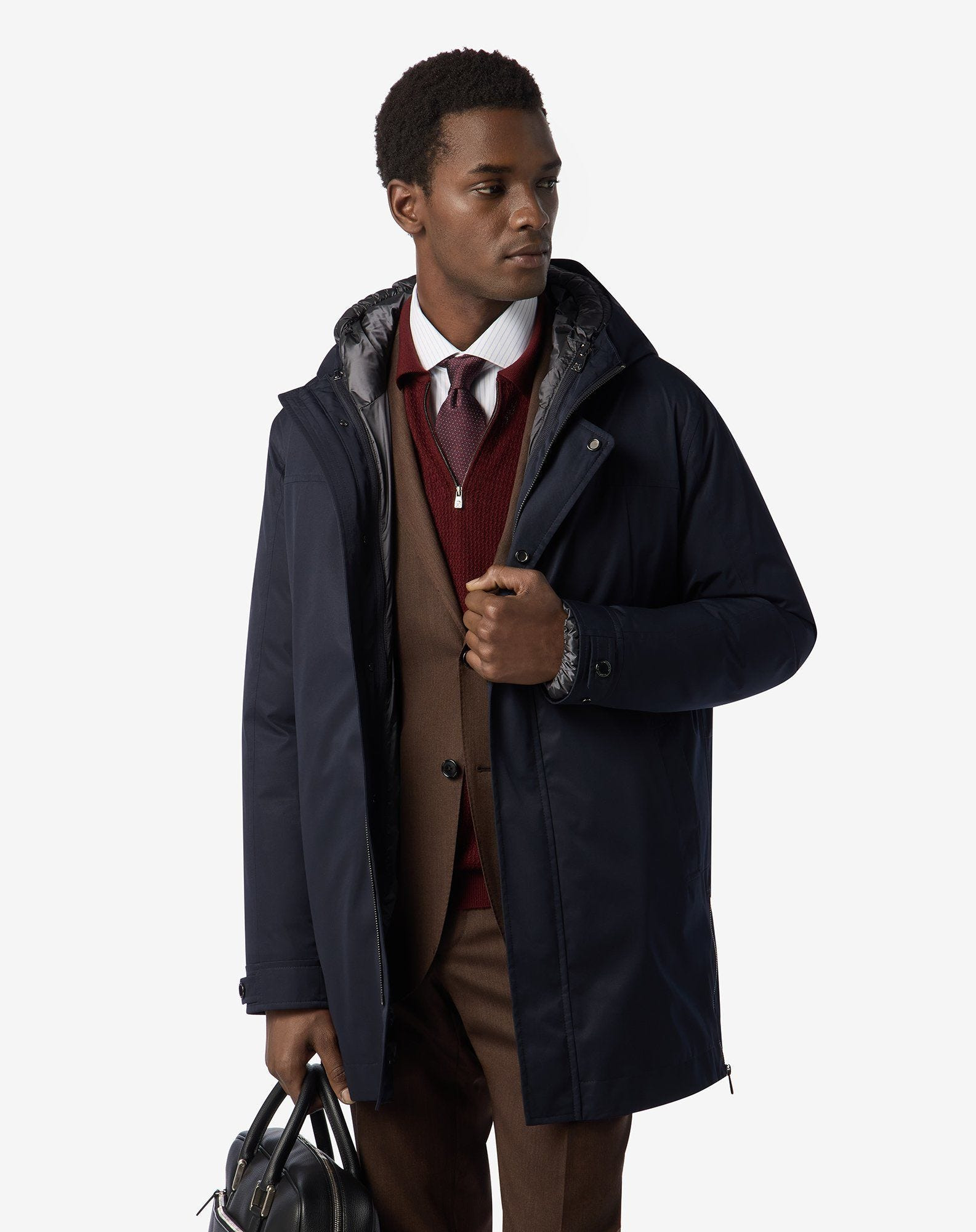 Blue technical fabric caban coat with hood - 2