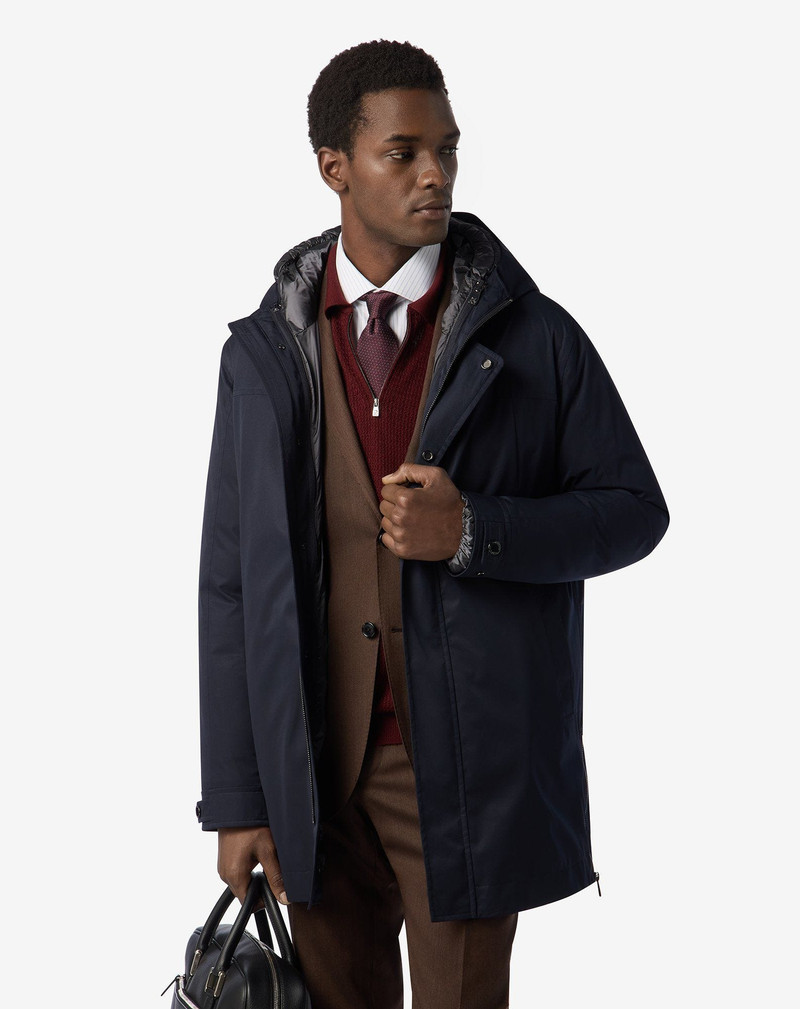 CORNELIANI Blue technical fabric caban coat with hood outlook