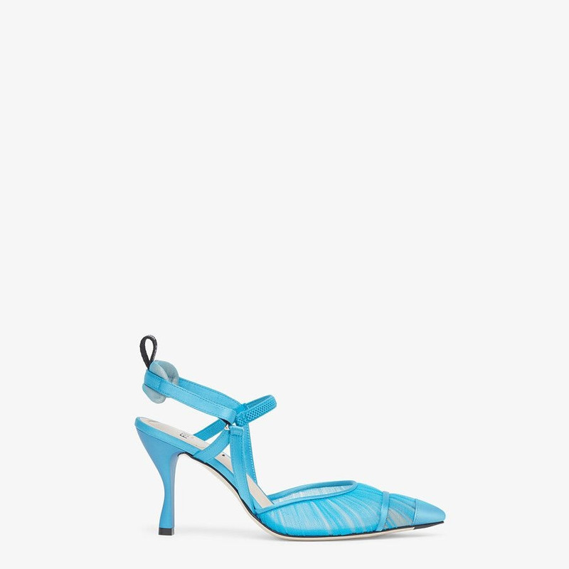 Turquoise tulle and satin high-heeled slingbacks 1