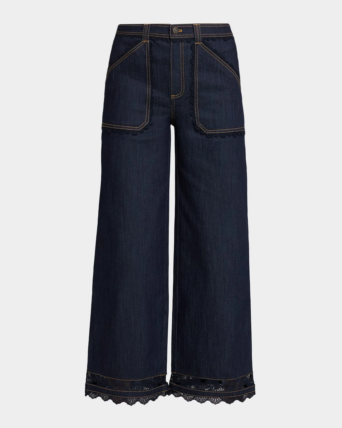 Scalloped Lace-Trimmed Wide-Leg Jeans - 1