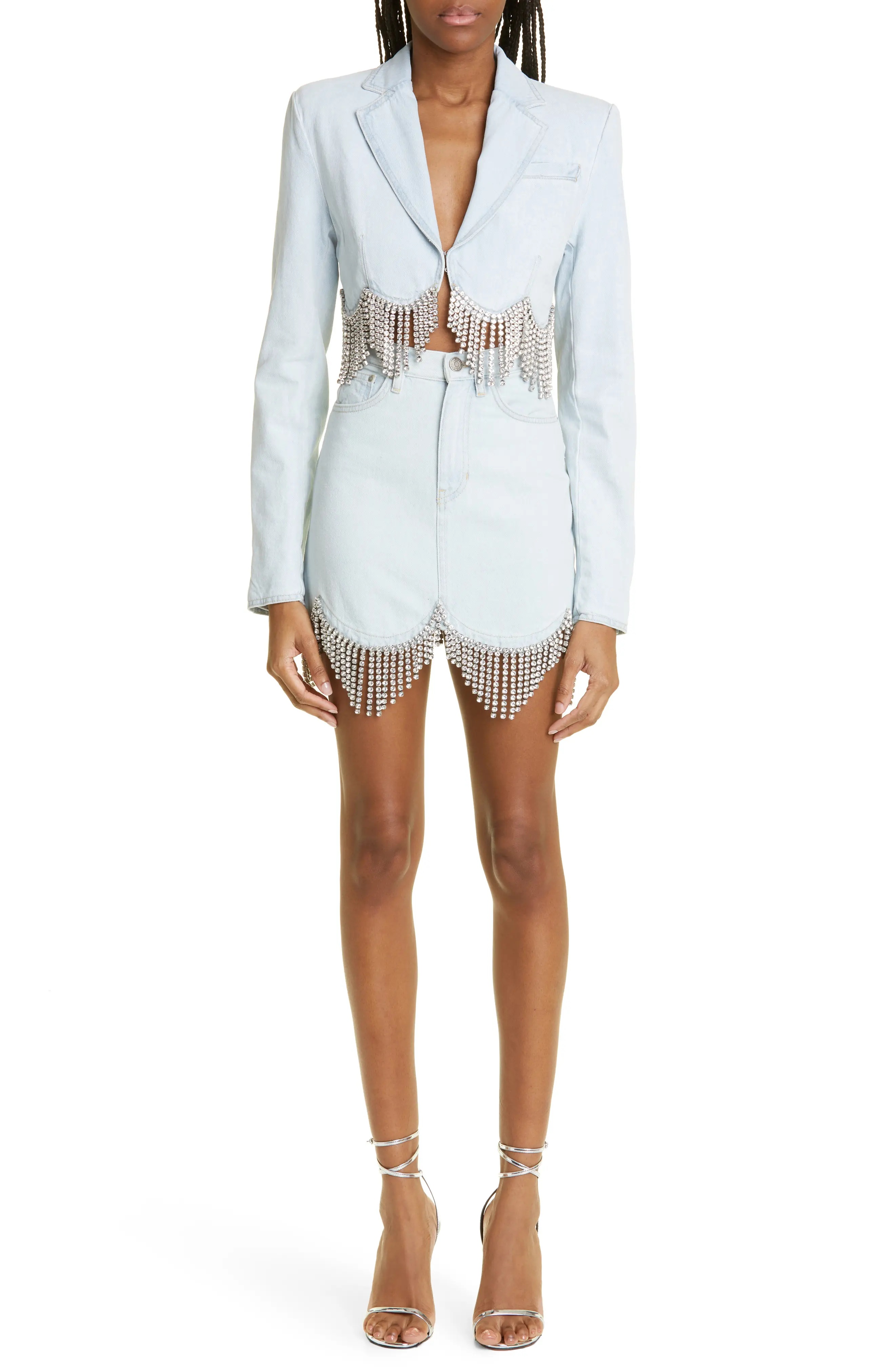 AREA Crystal Embellished Scalloped Denim Skirt nordstrom REVERSIBLE