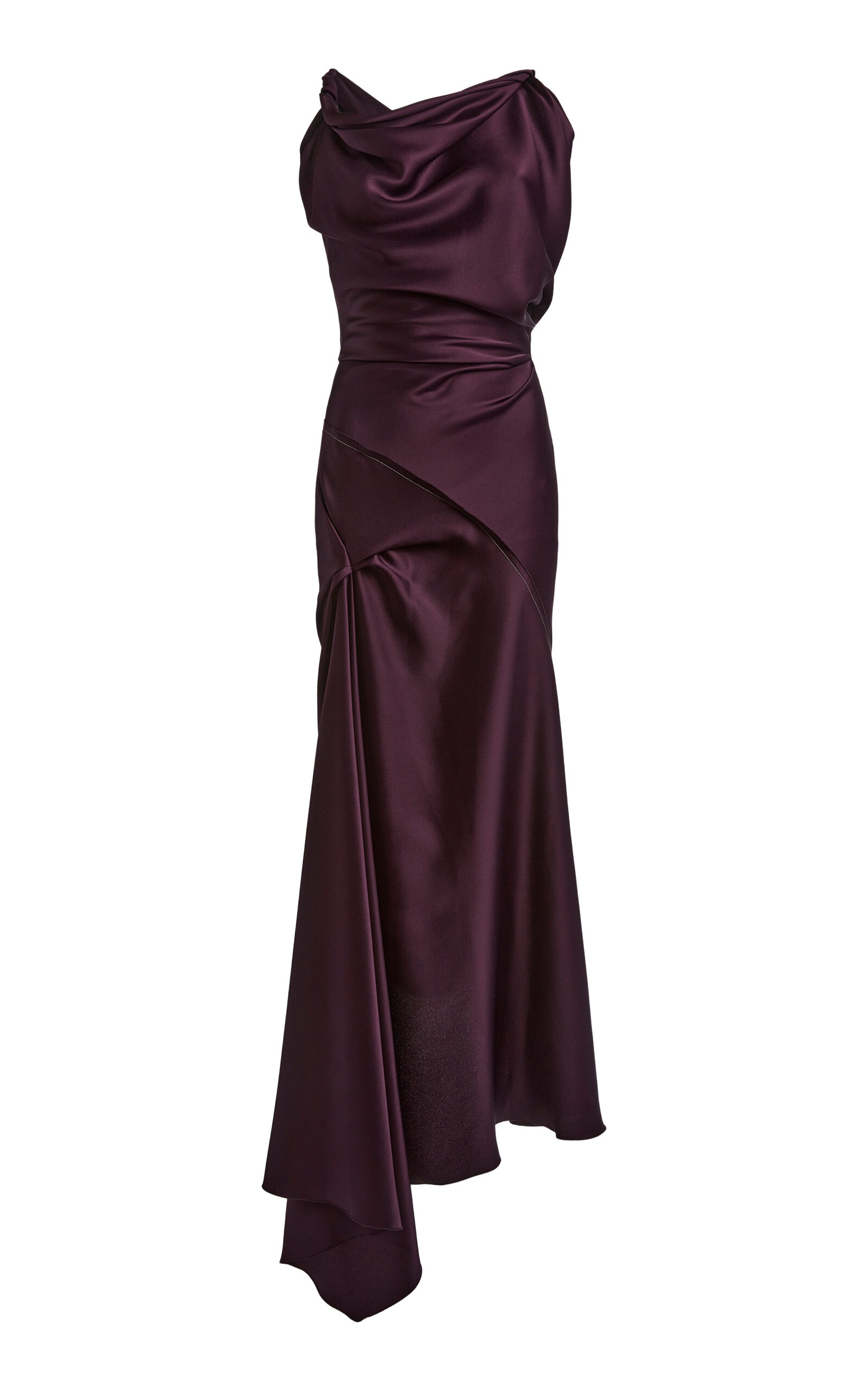 Asymmetric Draped Satin Midi Dress berry - 1