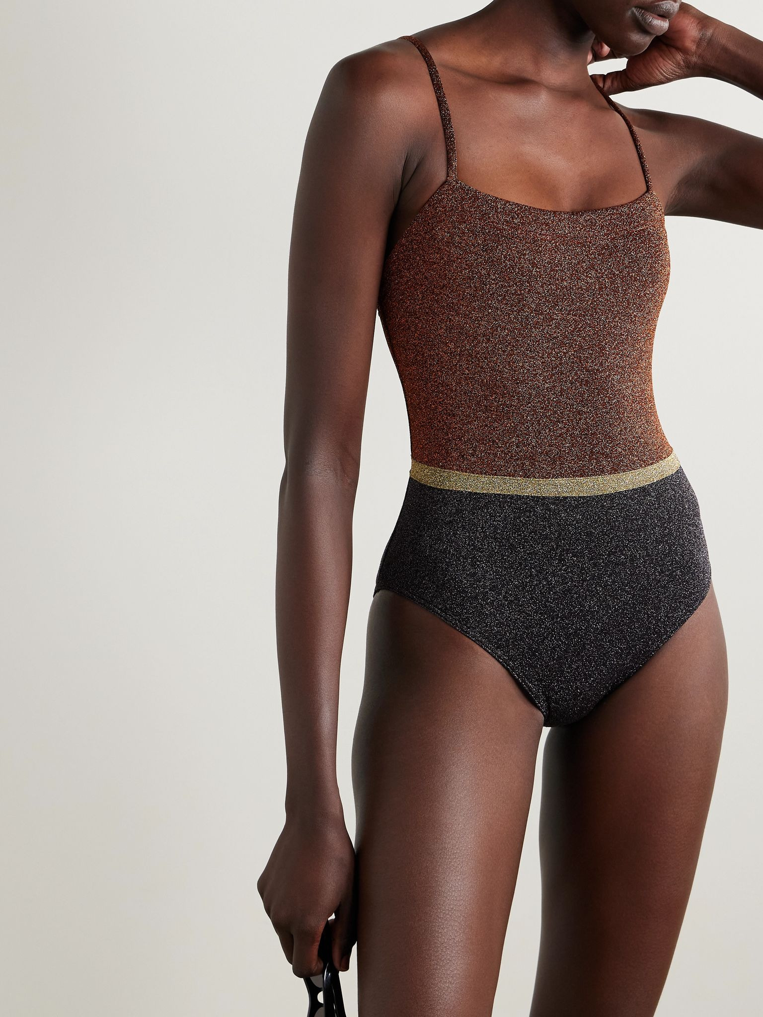 Irisée Calanque color-block stretch-Lurex swimsuit Bronze - 2