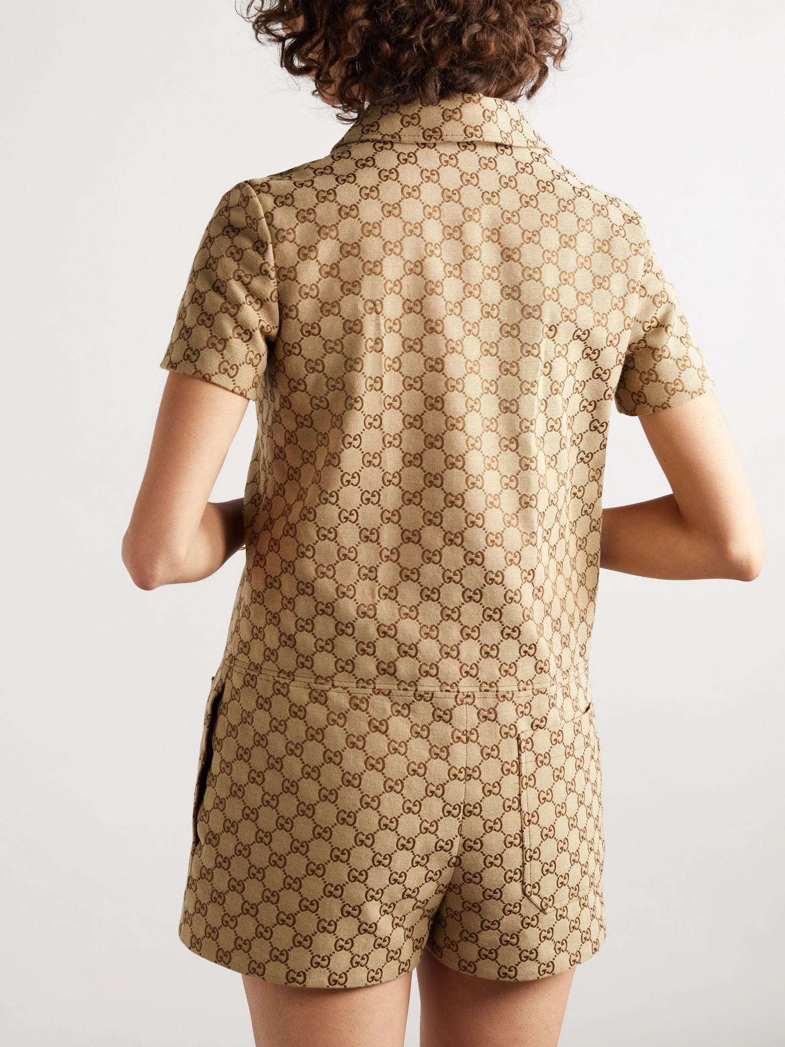 Embellished leather-trimmed canvas-jacquard playsuit Camel - 3