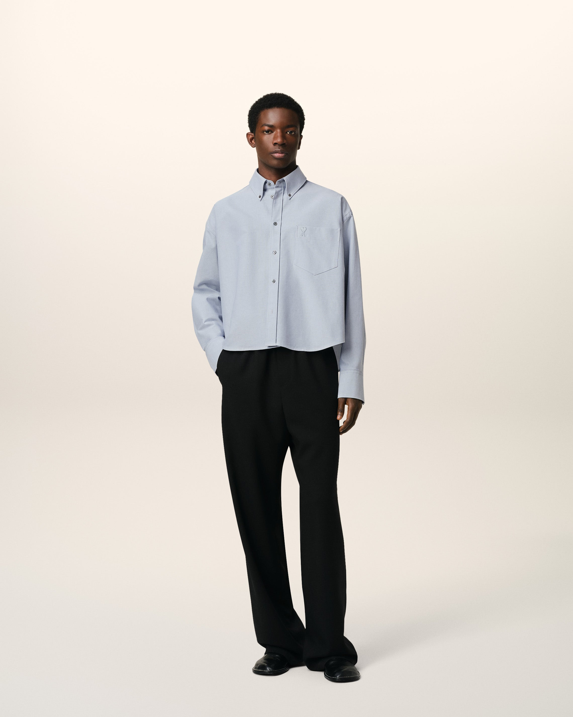 BLUE COTTON BUTTON-DOWN CROPPED OVERSIZED SHIRT - 8