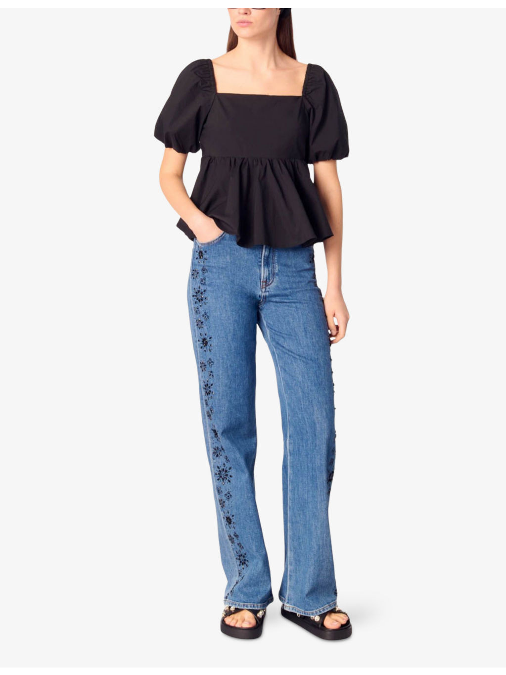 Embroidered Rhinestone-Embellishment Denim Jeans - 2