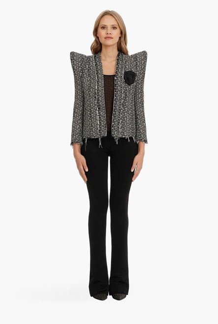 Bicolor jacquard-patterned tweed jacket with Balmain monogram - 4