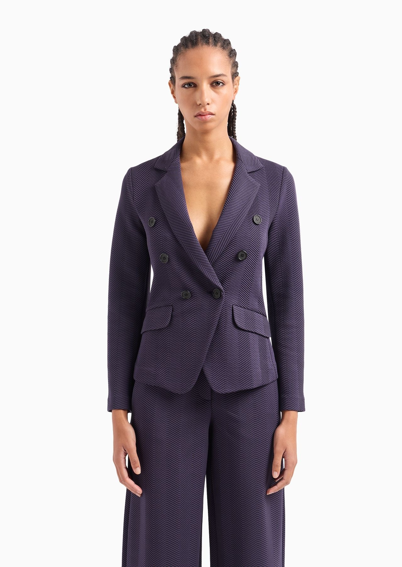 Jersey double-breasted jacket with embossed jacquard chevron motif - 2