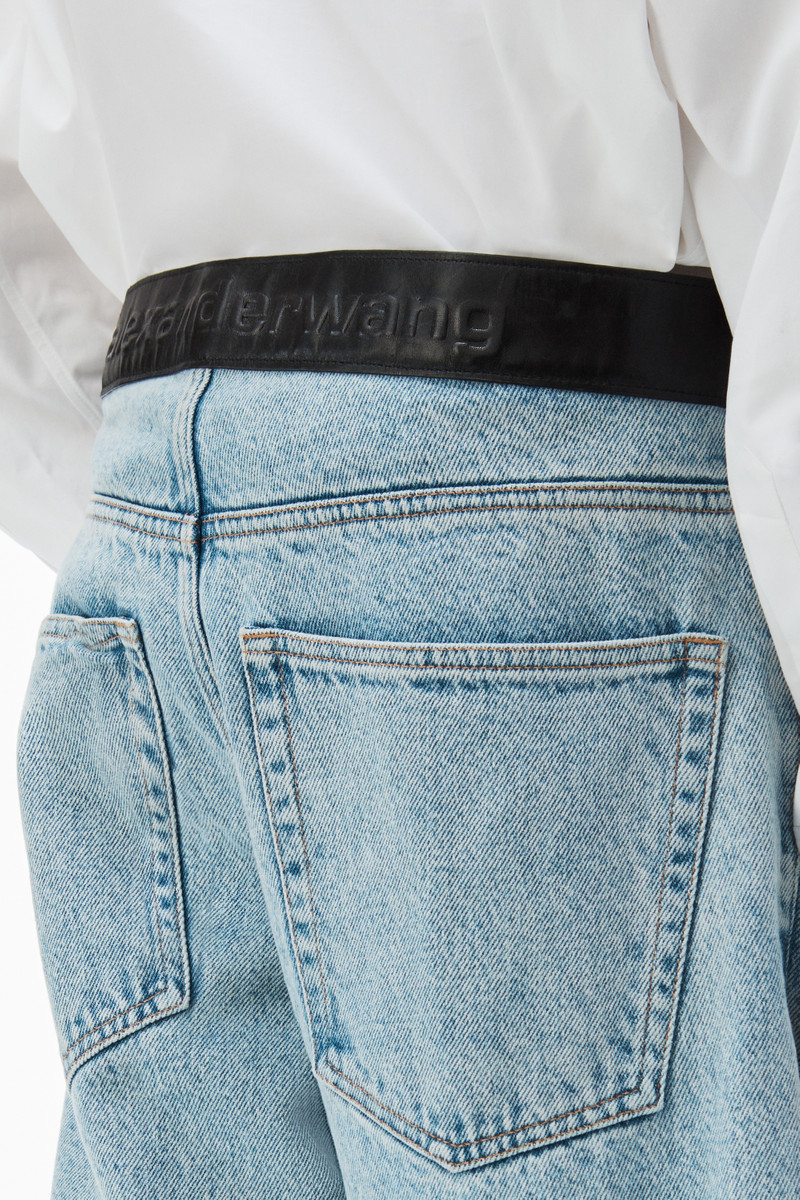leather belted jean in denim with logo patch 6