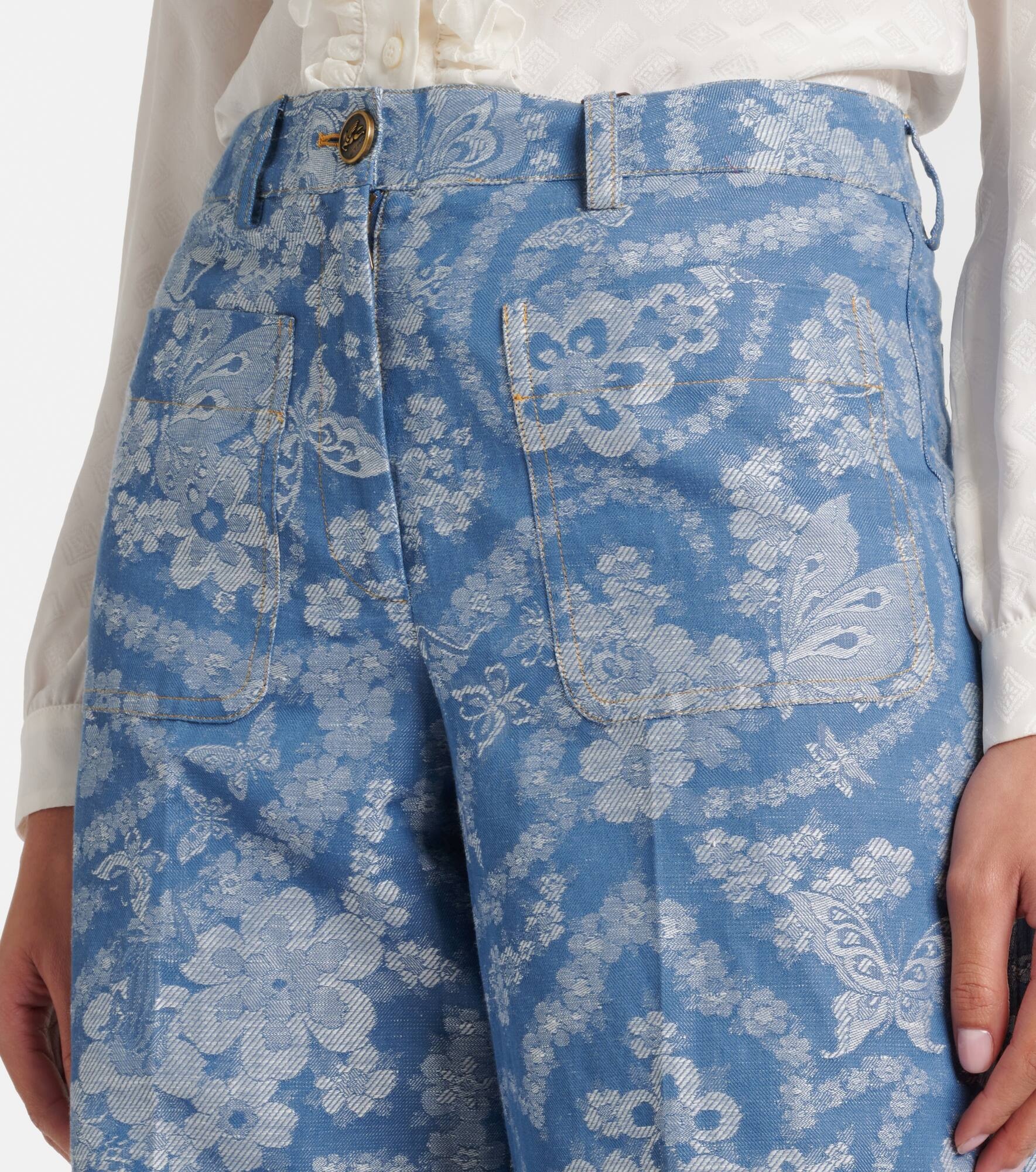 Printed cotton and linen wide-leg pants - 4