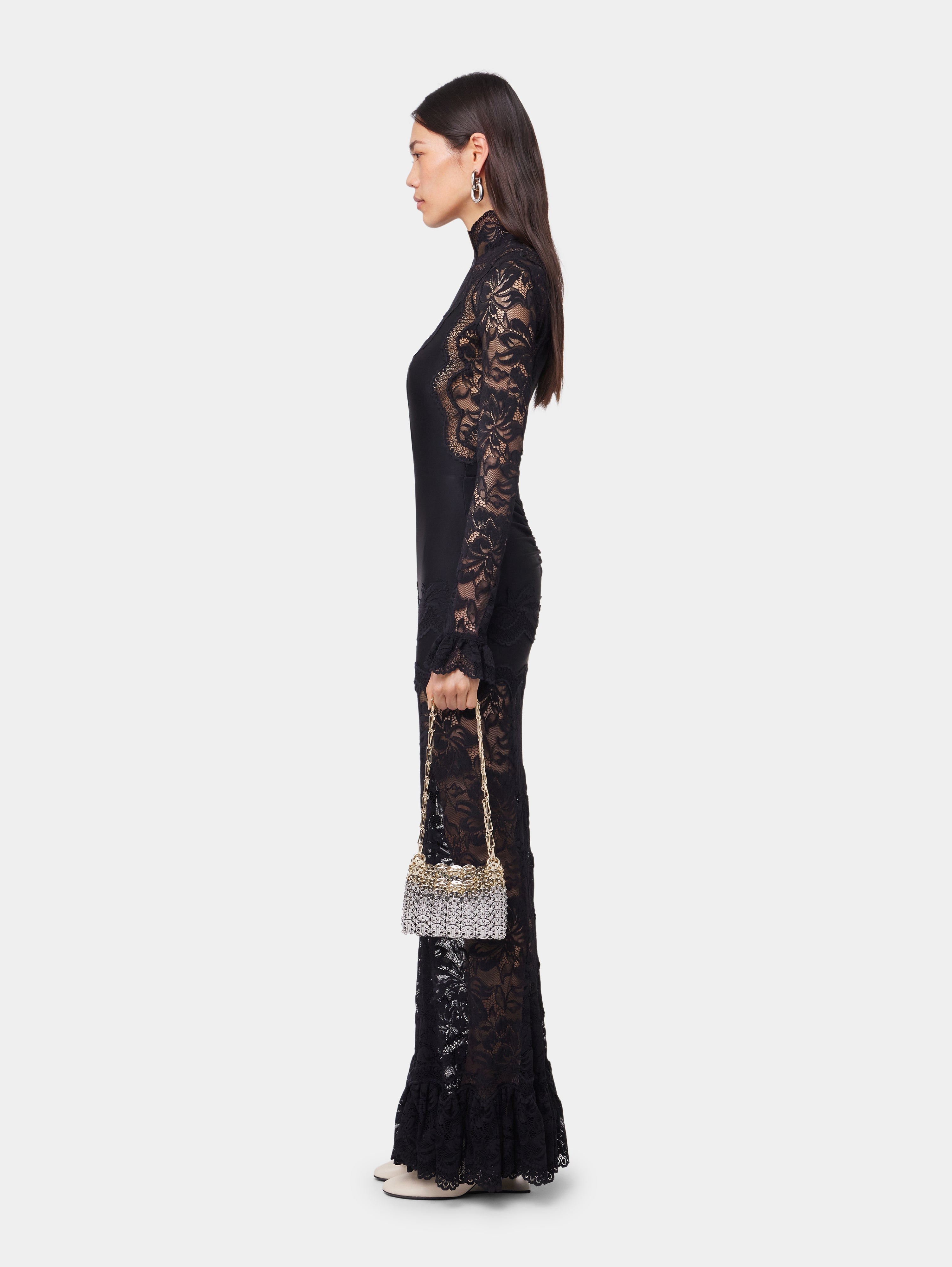 BLACK LONG DRESS IN LACE AND JERSEY - 3