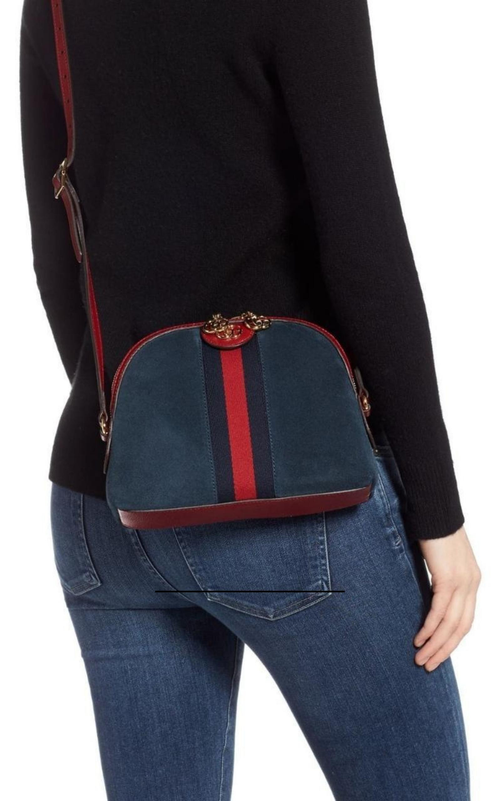 Navy Leather Suede Ophidia Shoulder Bag - 3