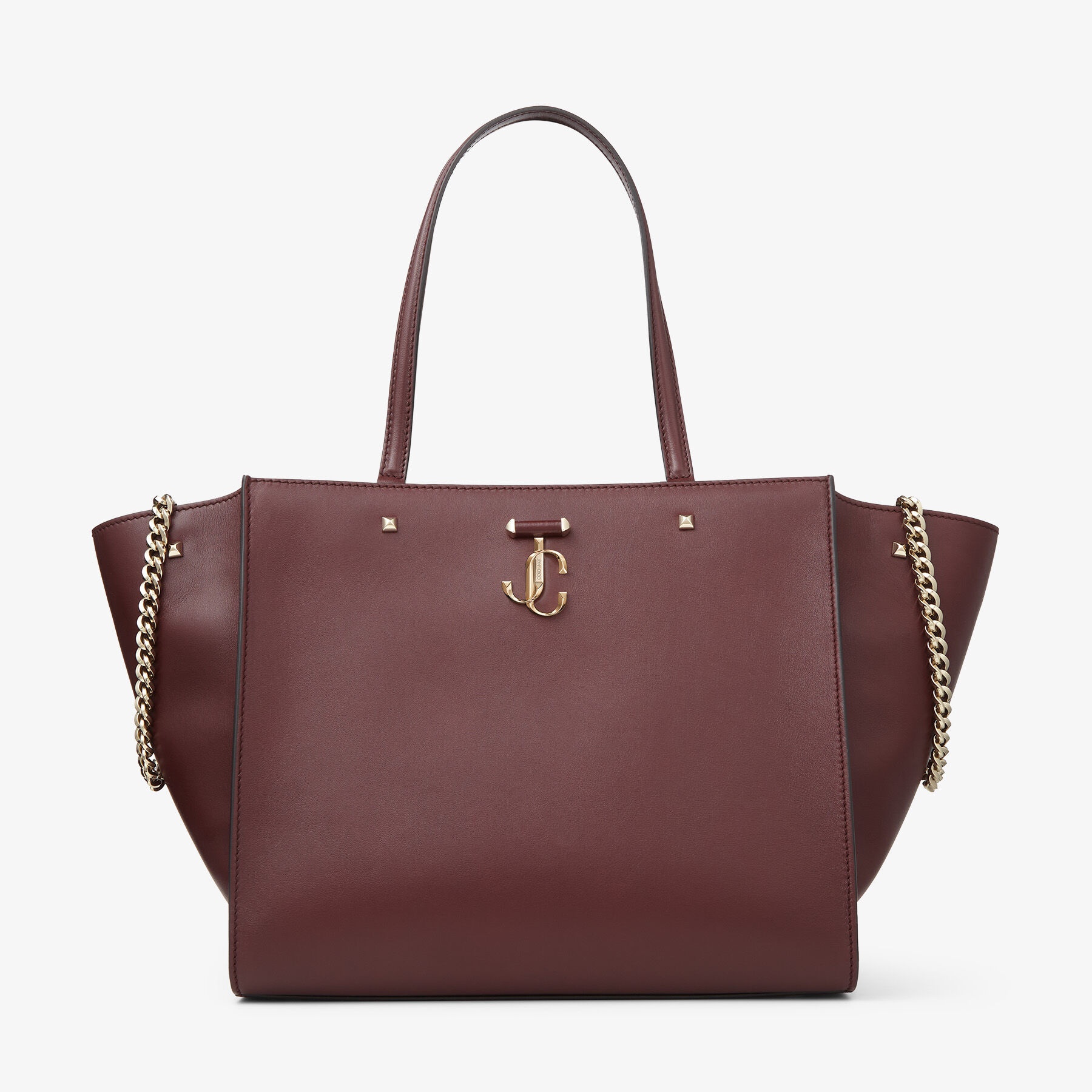 JIMMY CHOO Varenne Tote Bag Burgundy Fine Shiny Calf Leather Logo Tote Bag with Light Gold JC Emblem REVERSIBLE